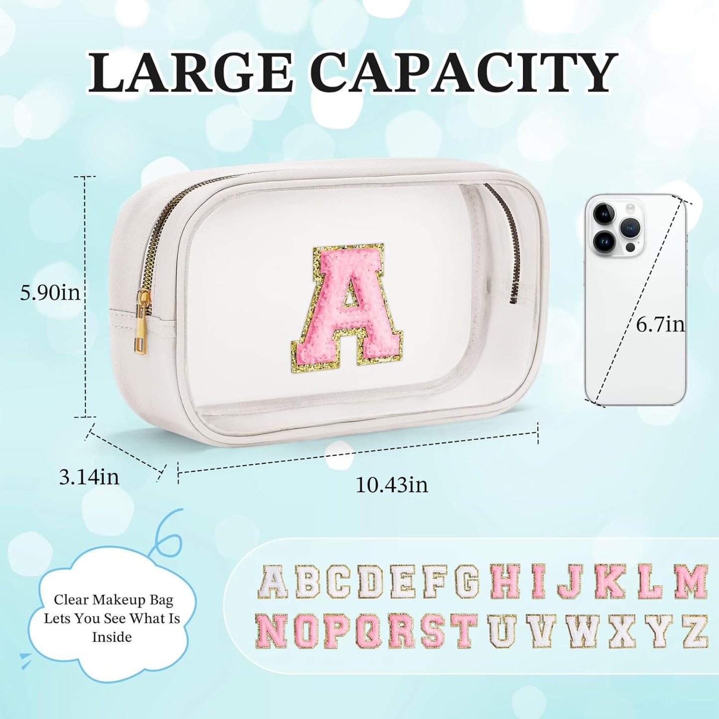 YOOLIFE Initial Make Up Bag Travel Toiletry Bag, Clear Makeup Bag Preppy Cosmetic Bag Clear Makeup