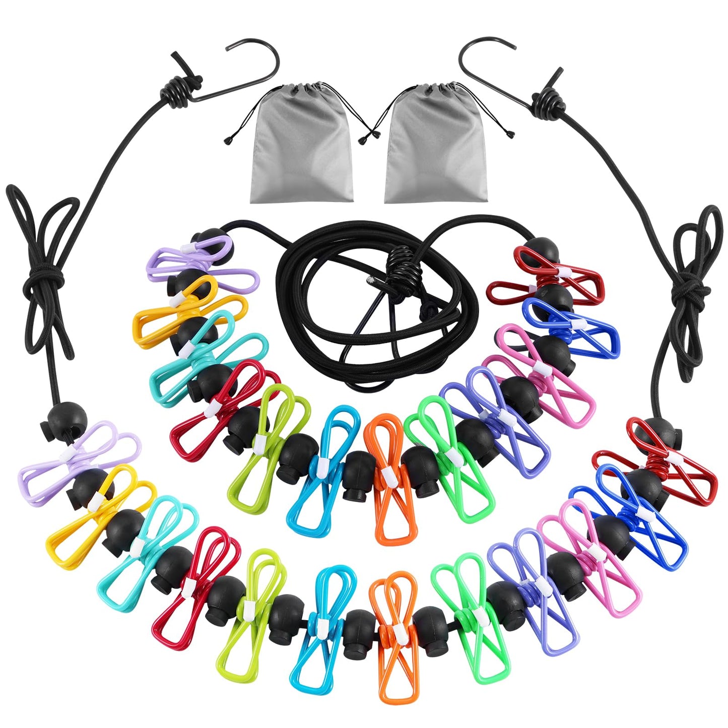 2 Pack Camping Clothesline Portable 12 Clothespins, Colorful