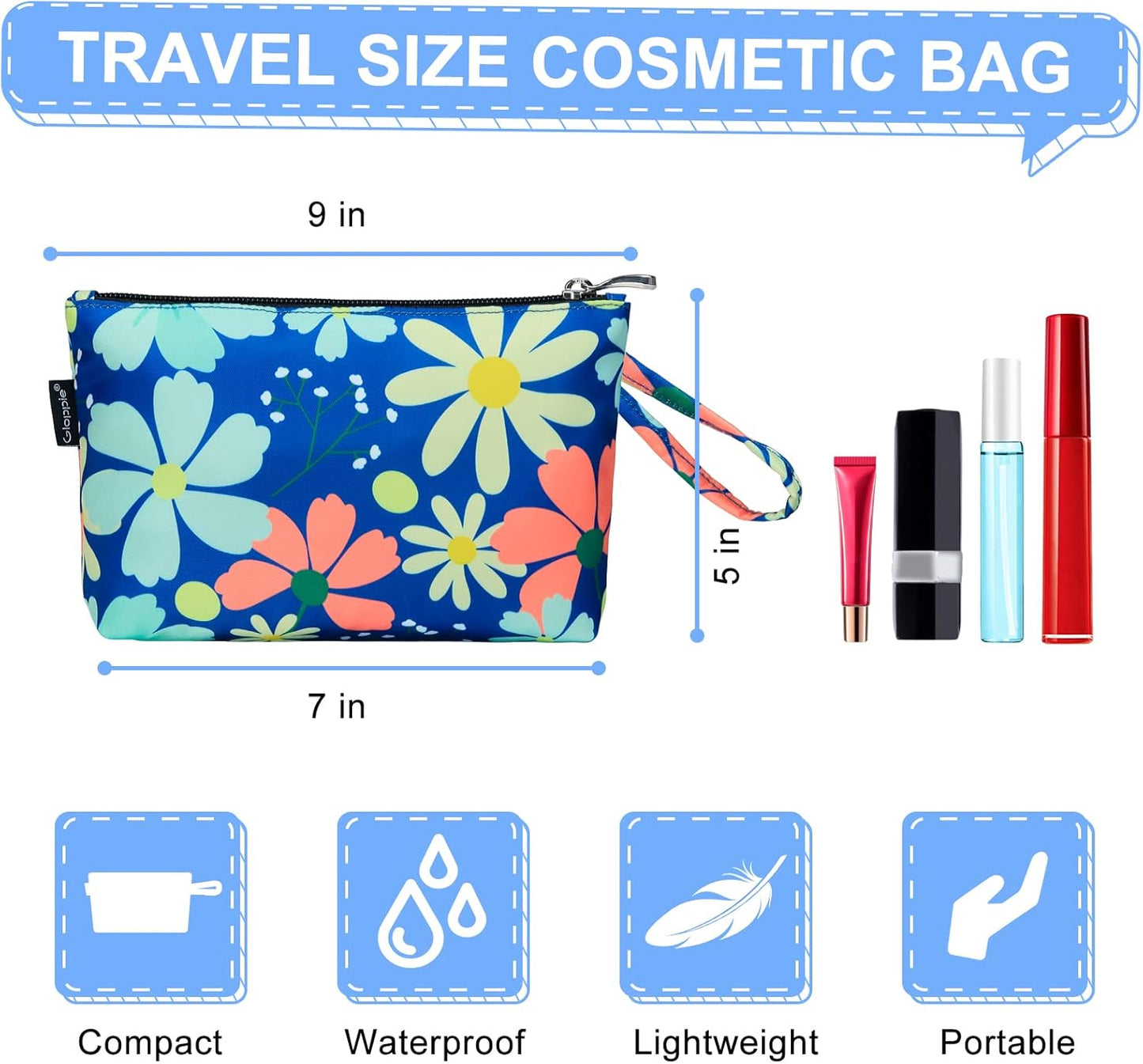 Gloppie Makeup Bag for Women Small Bag for Purse Tiny Travel Cosmetic Bag Zipper Makeup Pouch Klein Blue Flower