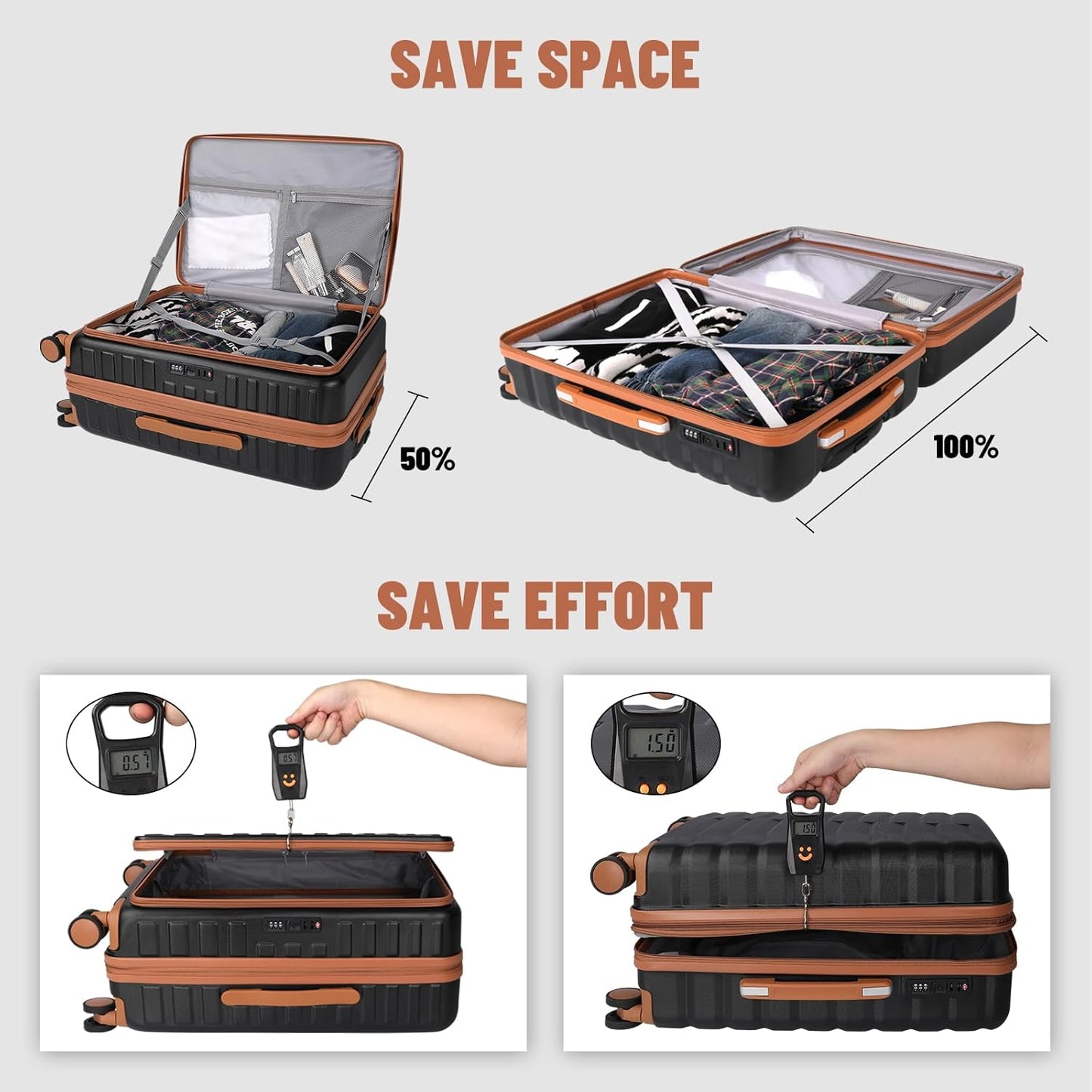 3-Piece 20/24 Top Opening Hardshell Lightweight Luggage and 28-Inch Clamshell Opening Suitcase with Spinner Wheels & TSA Locks, Black Brown, 20in/24in/28in