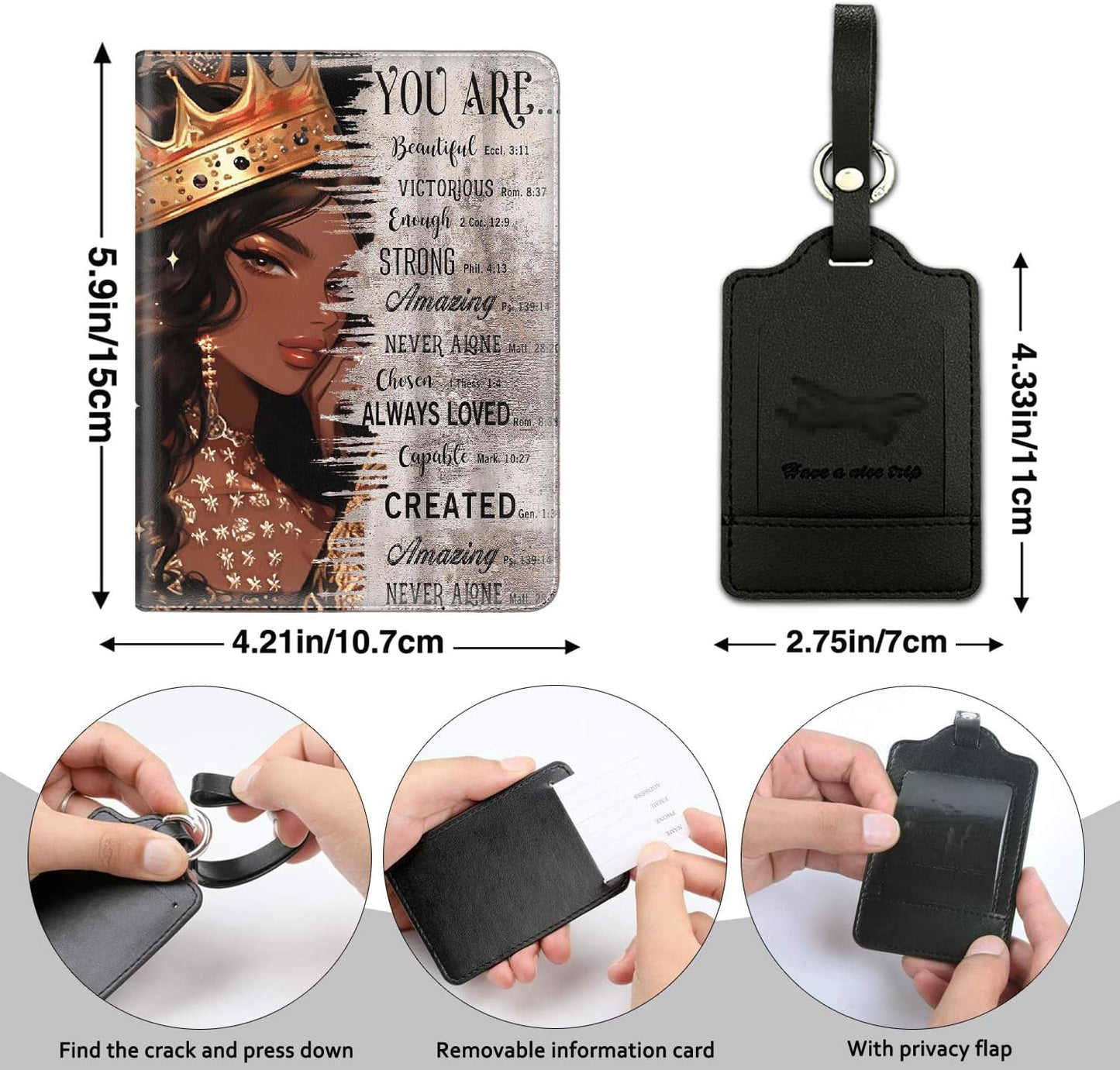 Passport Holder Women Wallet with Luggage Tag, Leather Passport Cover with RFID Blocking, Travel Accessories Multi Card Slot Passport Case for Men，African American Black Girl Quotes