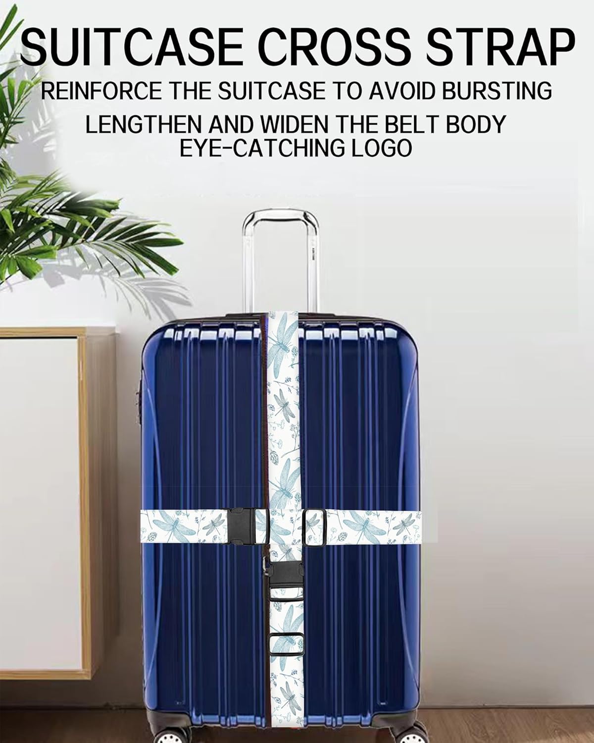 Luggage Straps for Suitcases, Adjustable Travel Belt, Durable Wide Luggage Strap, Cute Suitcase Strap Identifiers with Buckle, Bag Straps for Luggage, White Dragonfly