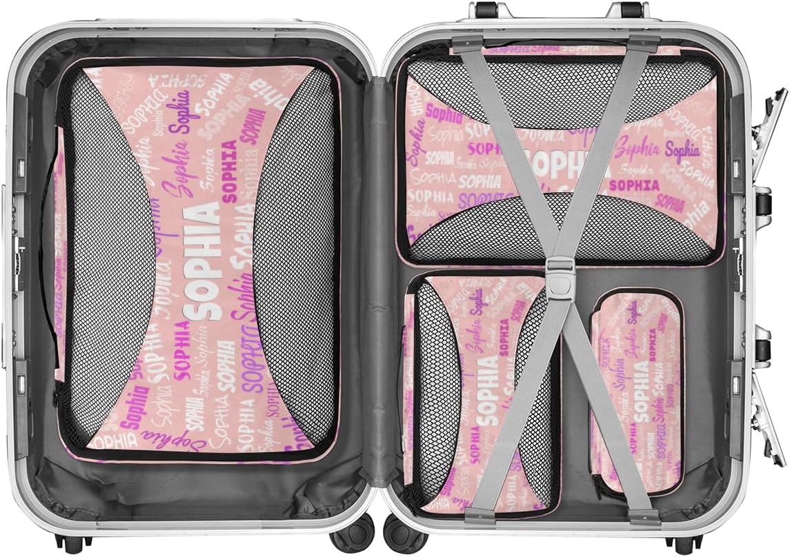 Custom Name Compression Packing Cubes Luggage Organizer Bags for Travel, Pale Pink Double Zipper Packing Cubes for Suitcases