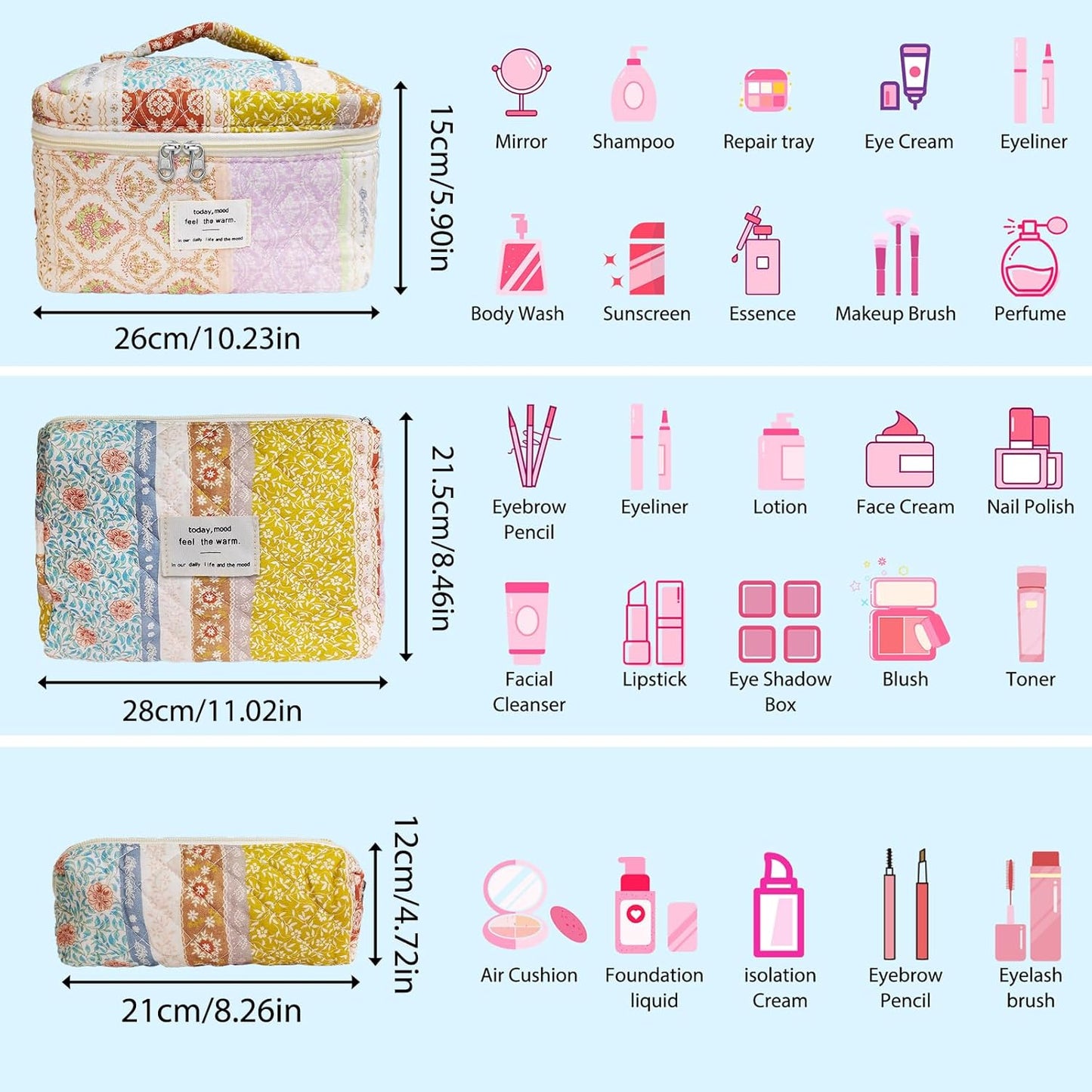 Quilted Makeup Bag, Large Capacity Travel Cosmetic Bag for Women and Girls, Aesthetic Storage for Daily and Travel Use (3pcs-EthnicStyle)