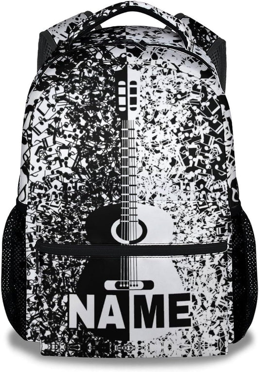 Mercuryelf Personalized Guitar Backpack for Girls & Boys, 16 Inch Black White Backpacks for School, Cool Lightweight Bookbag for Kids