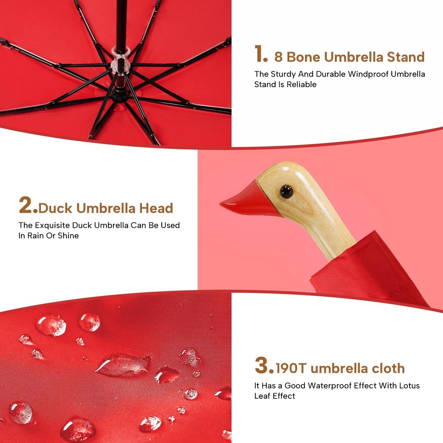LEAGERA Compact Small Umbrellas for Rain&Sun, Cute Design Duck Head Umbrella for Girls Gifts, 8 Ribs Folding Umbrella with Wooden Handle