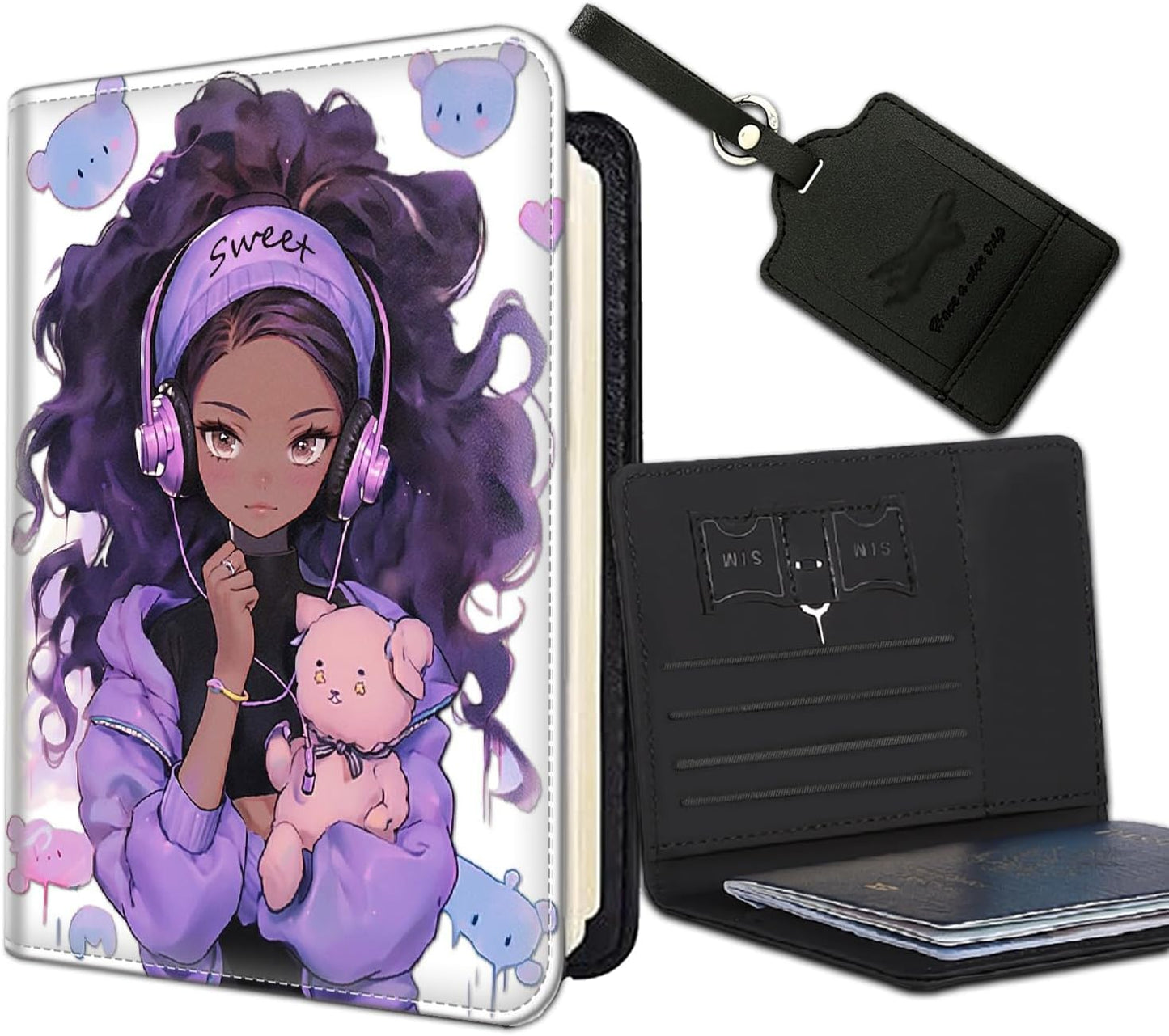Passport Holder Women Wallet with Luggage Tag, Leather Passport Cover with RFID Blocking, Travel Accessories Multi Card Slot Passport Case for Men，Purple Girl