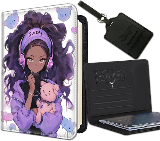 Passport Holder Women Wallet with Luggage Tag, Leather Passport Cover with RFID Blocking, Travel Accessories Multi Card Slot Passport Case for Men，Purple Girl