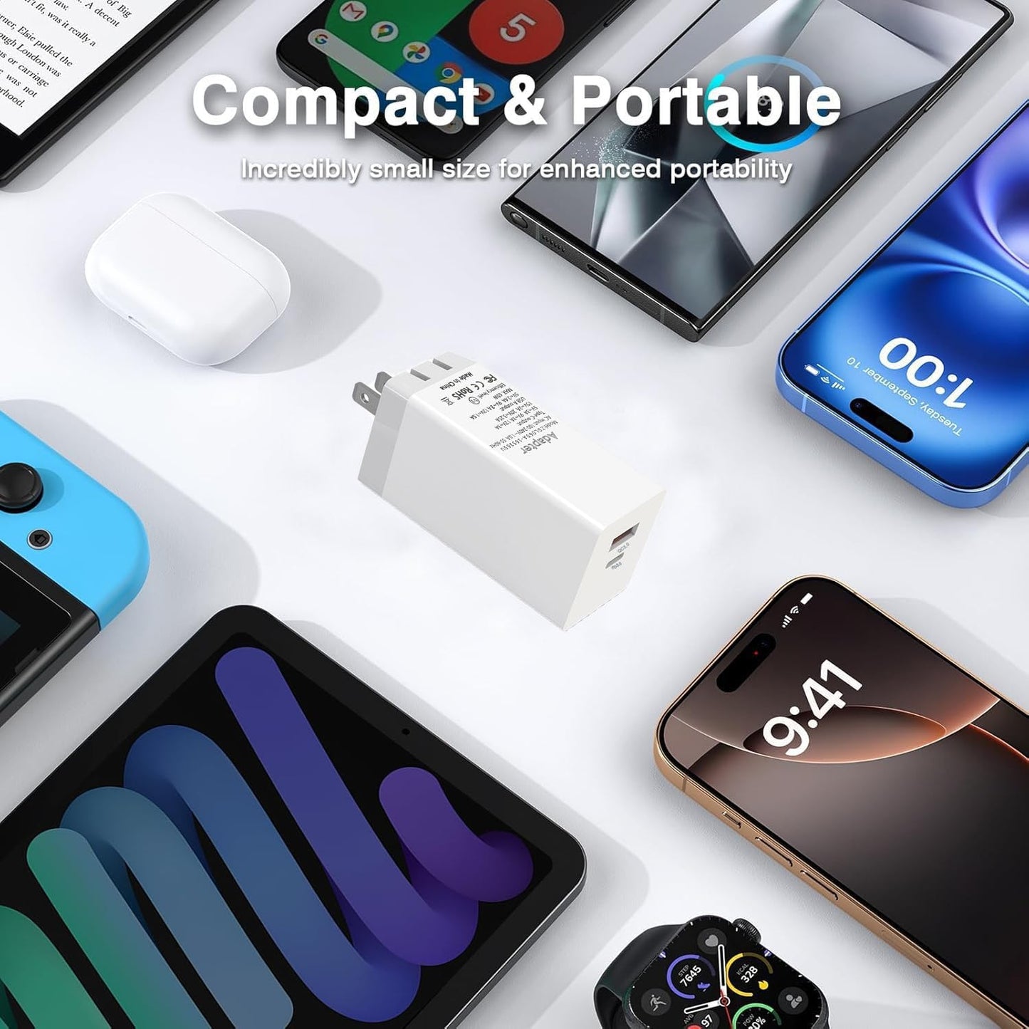 65W USB C Charger, PD QC 3.0 Fast Charging Type C Wall Charger Block, 2 Ports USB-C Power Adapter for iPhone 16 15 14 iPad Pro,for MacBook Pro Foldable Power Adapter (White)