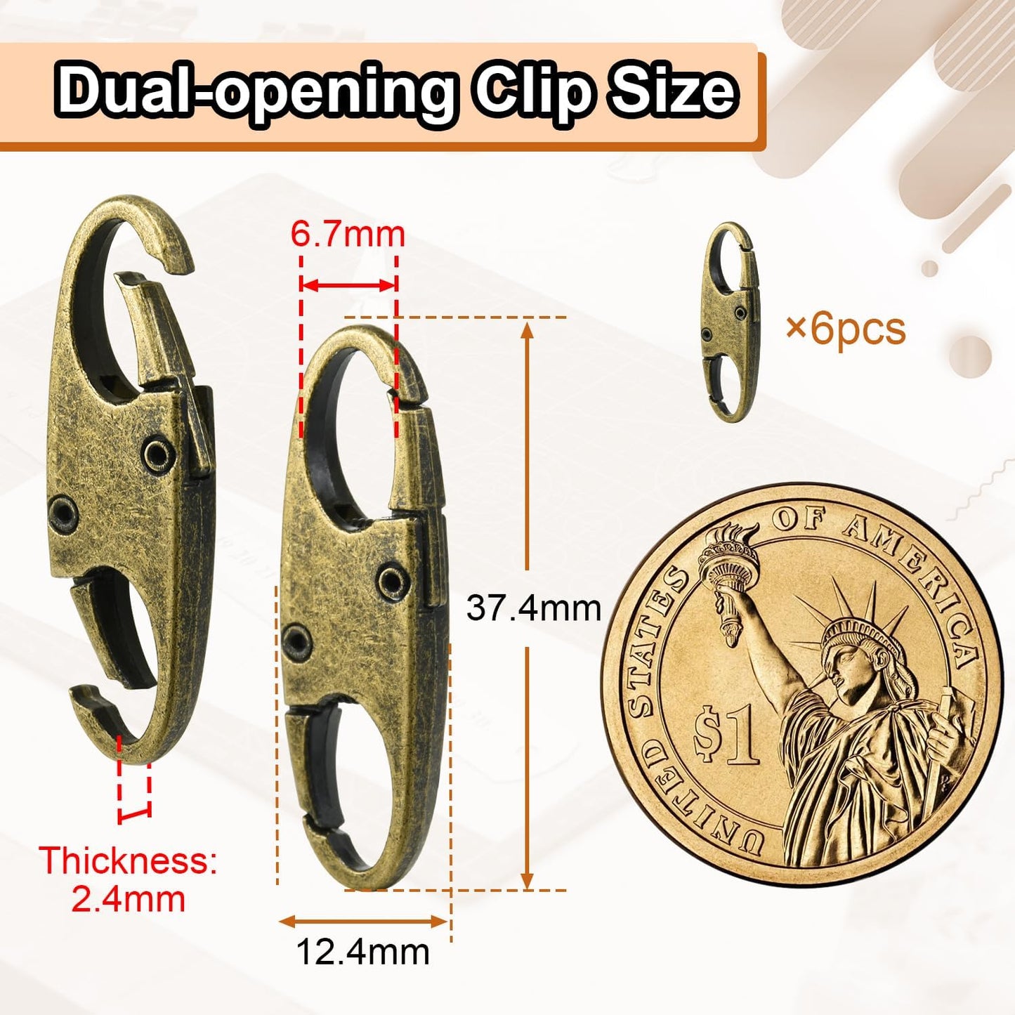 6Pcs Double Opening Lock Zipper Pull Replacement Clips, Small Carabiner Clips, Zipper Locks Anti Theft Deterrent for Bag Luggage Pickpocket Backpack Purse Travel Suitcase (Bronze)