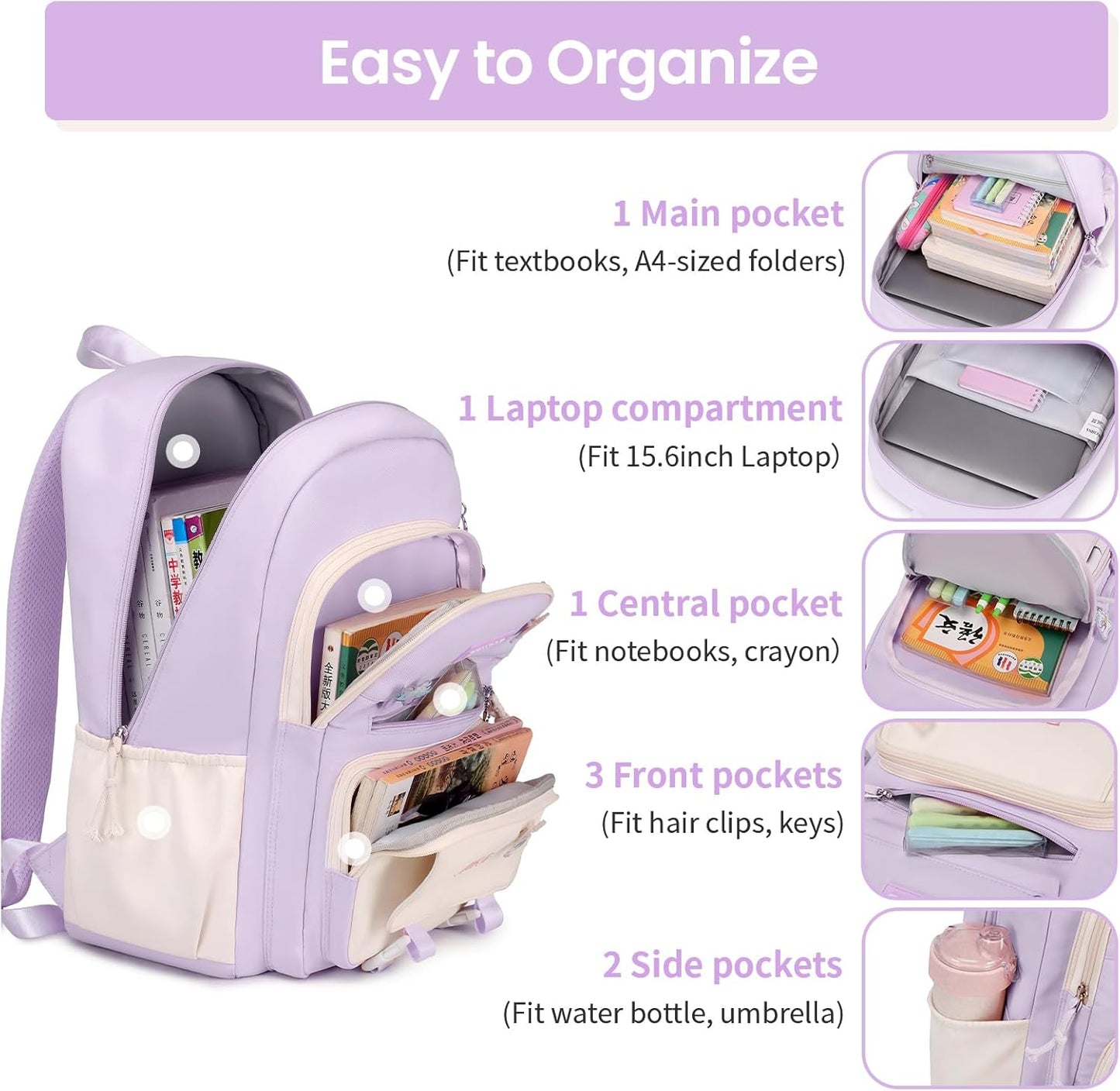 Tanou School Backpacks for Girls, Kawaii Kids School Bag with Pendant, Elementary Primary Middle School Lightweight 20L, Purple