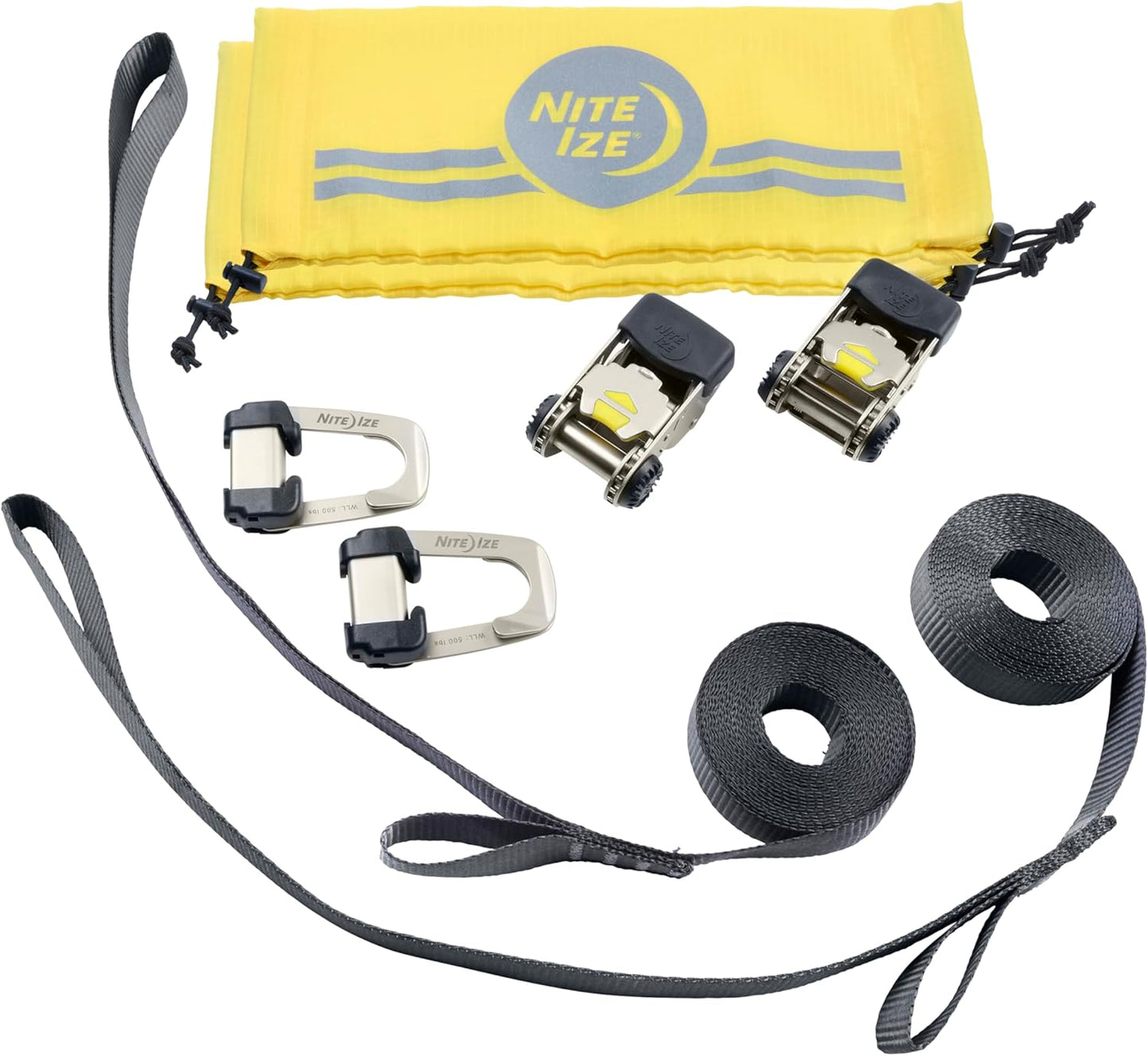 Nite Ize CamJam HookLock Ratchet Strap System - Adjustable, Heavy-Duty Tie Down Straps - Cargo Attachment with Spring-Actuated Hooks - Includes Ratchets, Hooks, Webbing & Storage - Small (2 Pack)