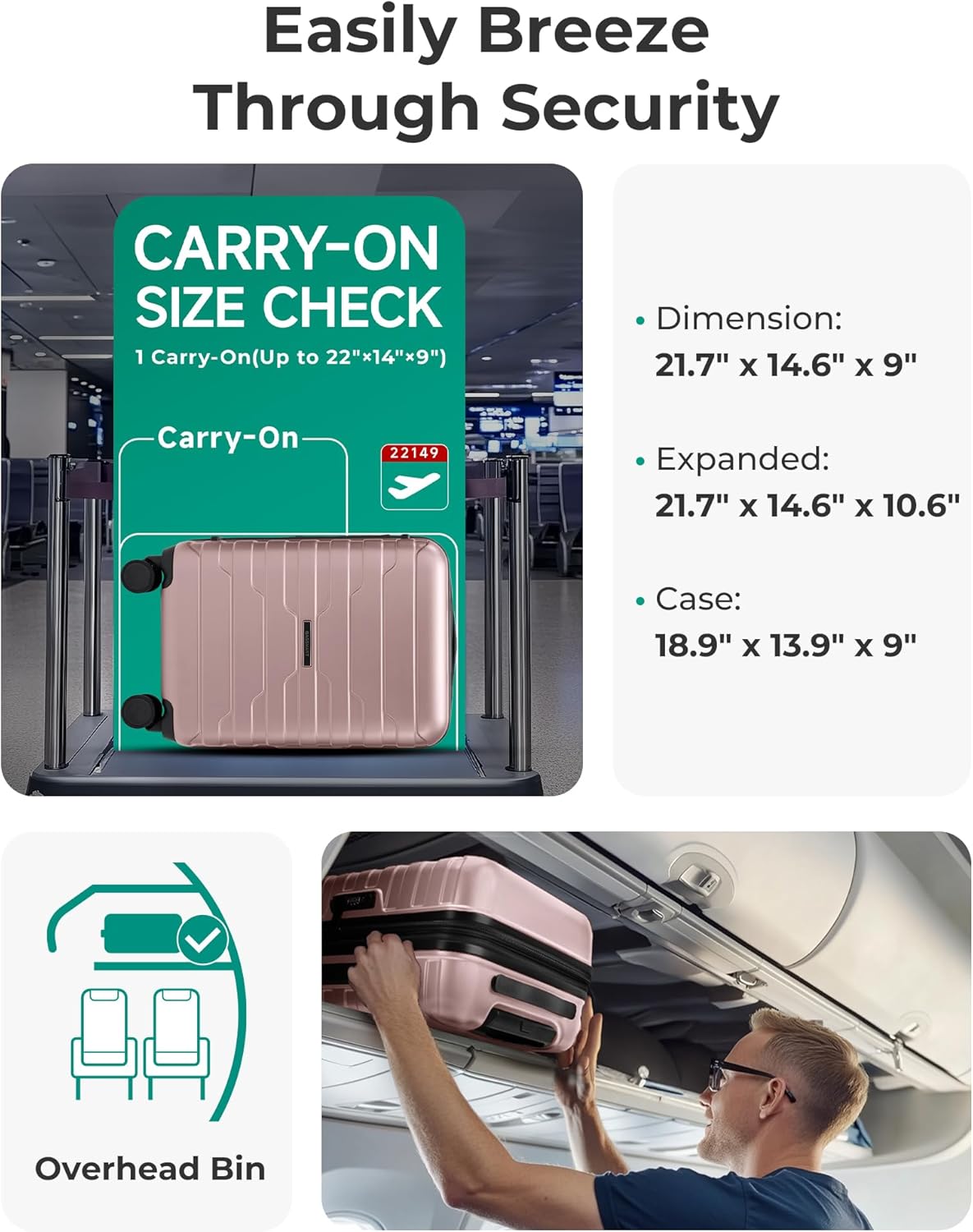 BAGSMART Carry On Luggage 22x14x9 Airline Approved with Spinner Wheels,Lightweight 20 Inch Luggage