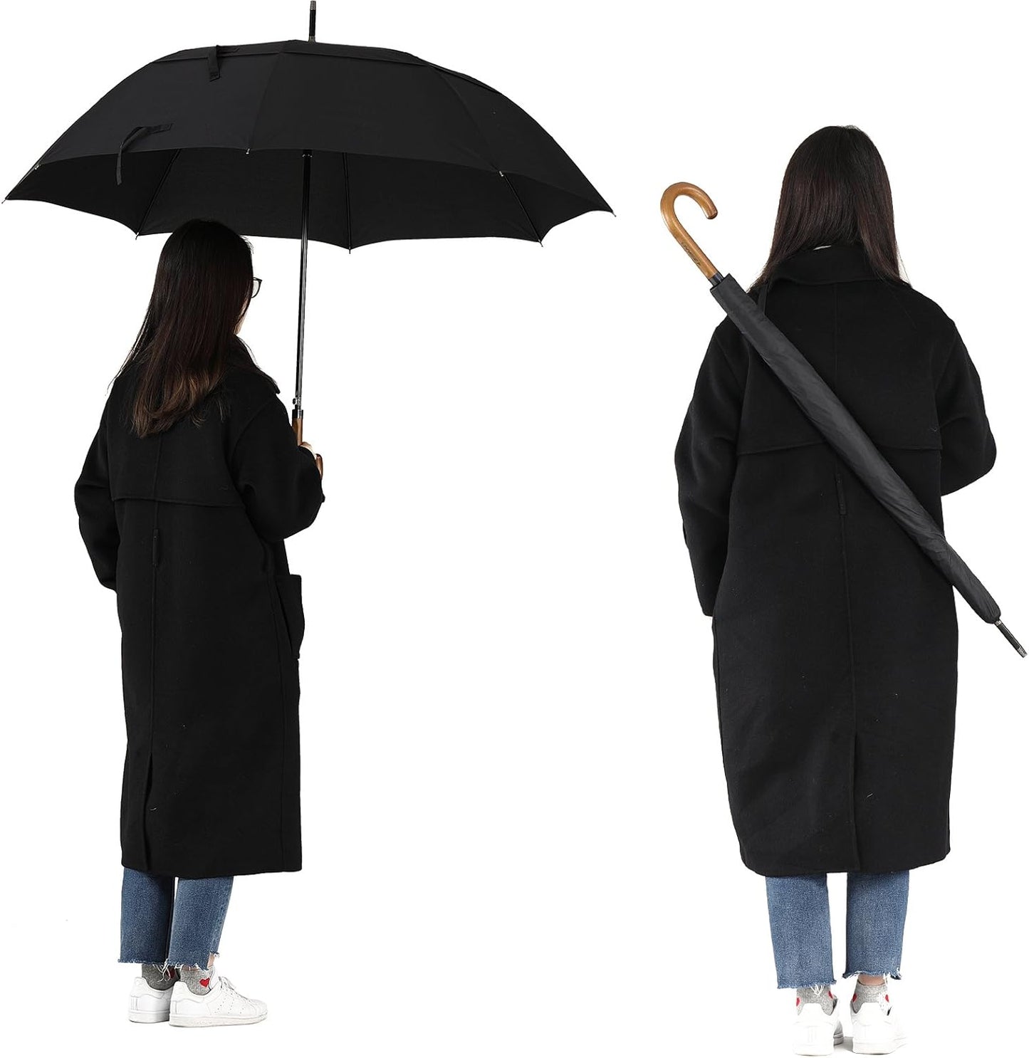 ZEKAR 62-inch Wooden J Handle Golf Umbrella, Classic Double Canopy Windproof Large Auto Open Rain Stick Umbrellas (60inch-black)