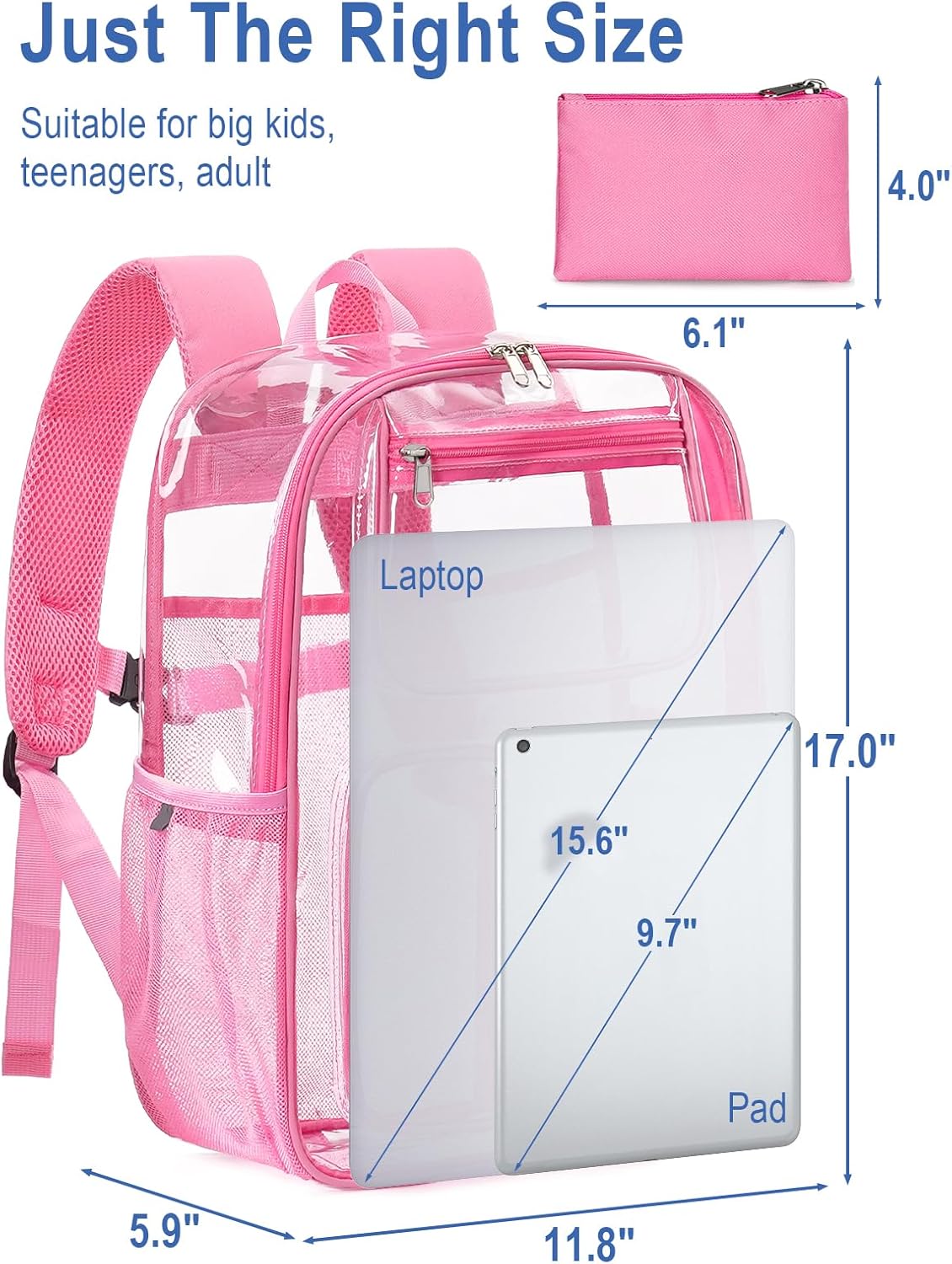 Heavy Duty Clear Backpack For School, 17 Inch Clear Bookbag For Kids Boys Girls Women Men, Large See Through Backpack With An Extra Pouch Accessories, Multi-Pockets Tranparent Bag, College, Pink