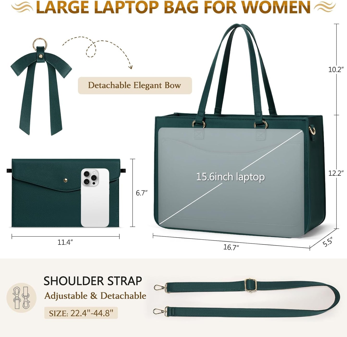 RAINSMORE Laptop Bag for Women 15.6 Inch Work Tote Bags Leather Laptop Tote Waterproof Computer Bag Professional Office Business Briefcase Large Handbag for College Teacher Travel, Green