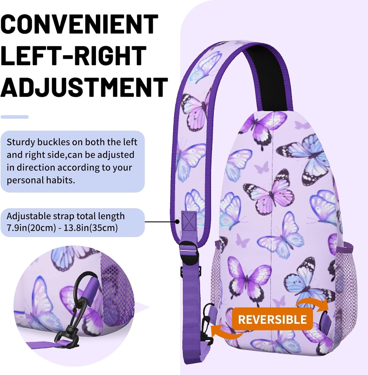 Purple Butterfly Sling Bag Crossbody Chest Bag for Women Men, Water Resistant Lightweight Casual Crossbody Bag with Adjustable Strap, Travel Hiking Daypack Shoulder Backpack