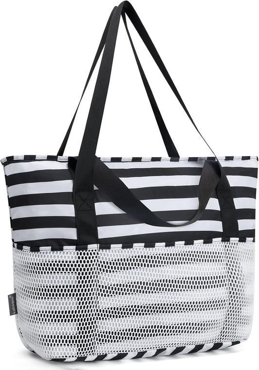 KABAQOO Large Beach Bag Waterproof Sandproof Tote Bag for Women with Zipper & Mesh Pockets for Pool Swim Travel Everyday