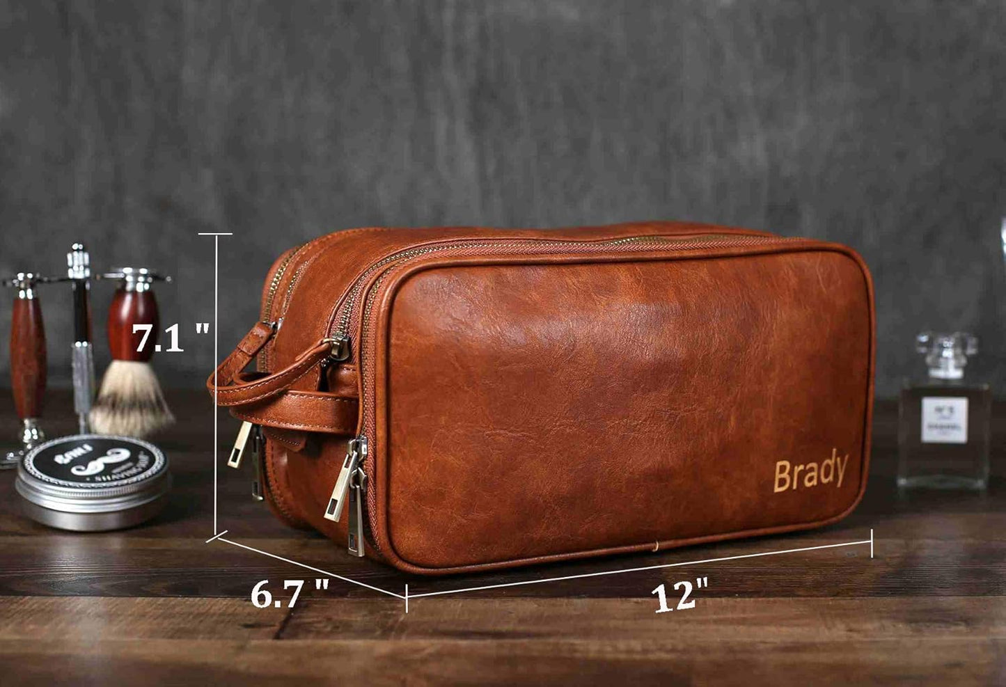 Personalized Leather Kit for Men Travel Toiletry Bag Cosmetic Shaving Bag Brown