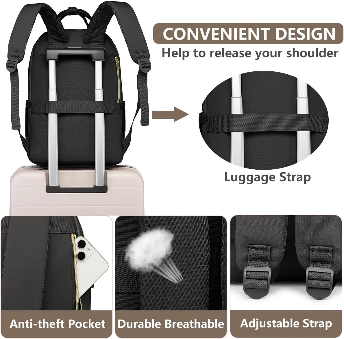 Laptop Backpack for Women Work Bag - 15.6 inch Black Travel Backpack College Backpack with USB
