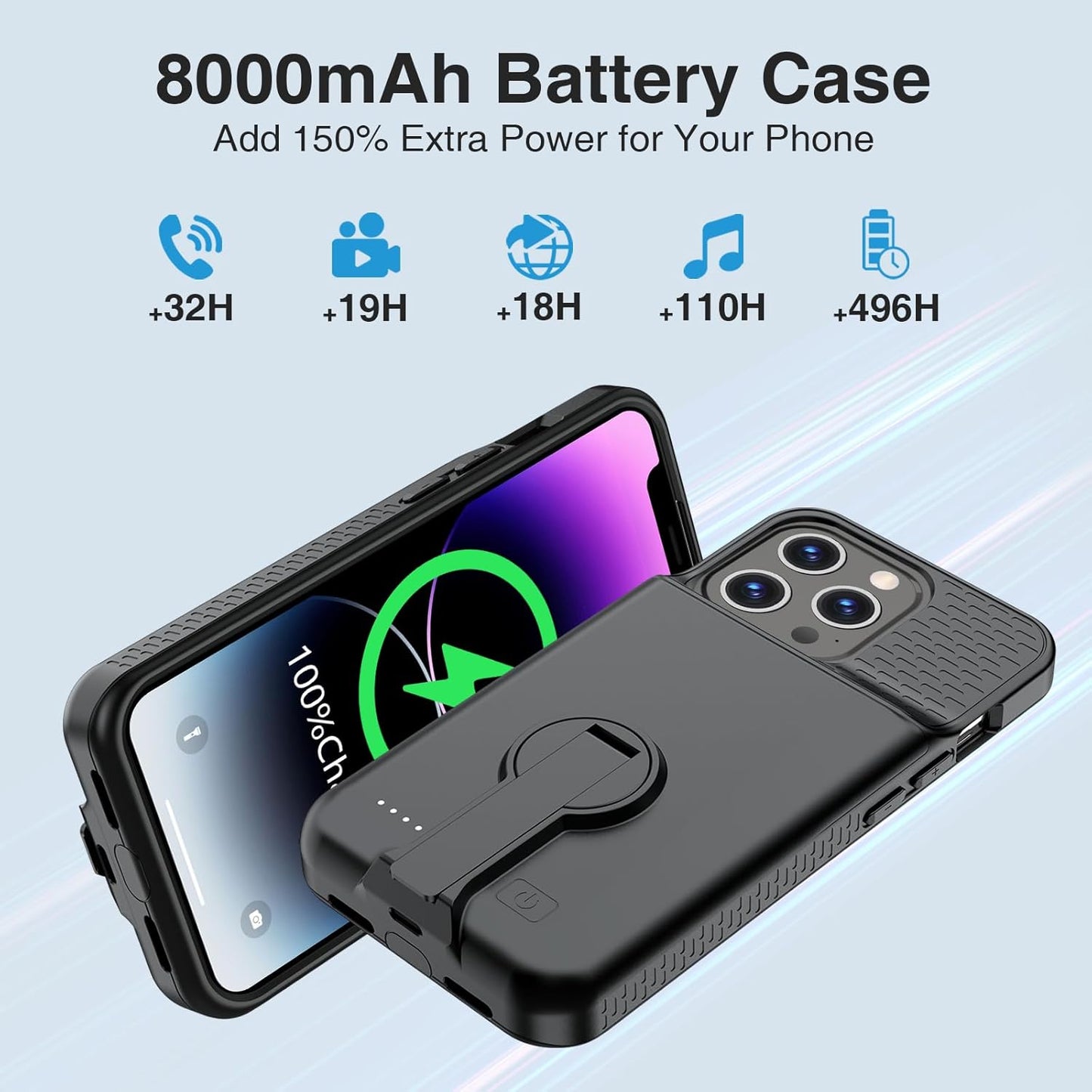 Battery Case for iPhone 14 Pro Max/14 Plus/13 Pro Max/12 Pro Max, Charging Case With Stand 8000mAh Portable Extended Case Cover for iPhone 14 Pro Max, 14Plus, 13/12Pro Max Charging Case (6.7”) Black
