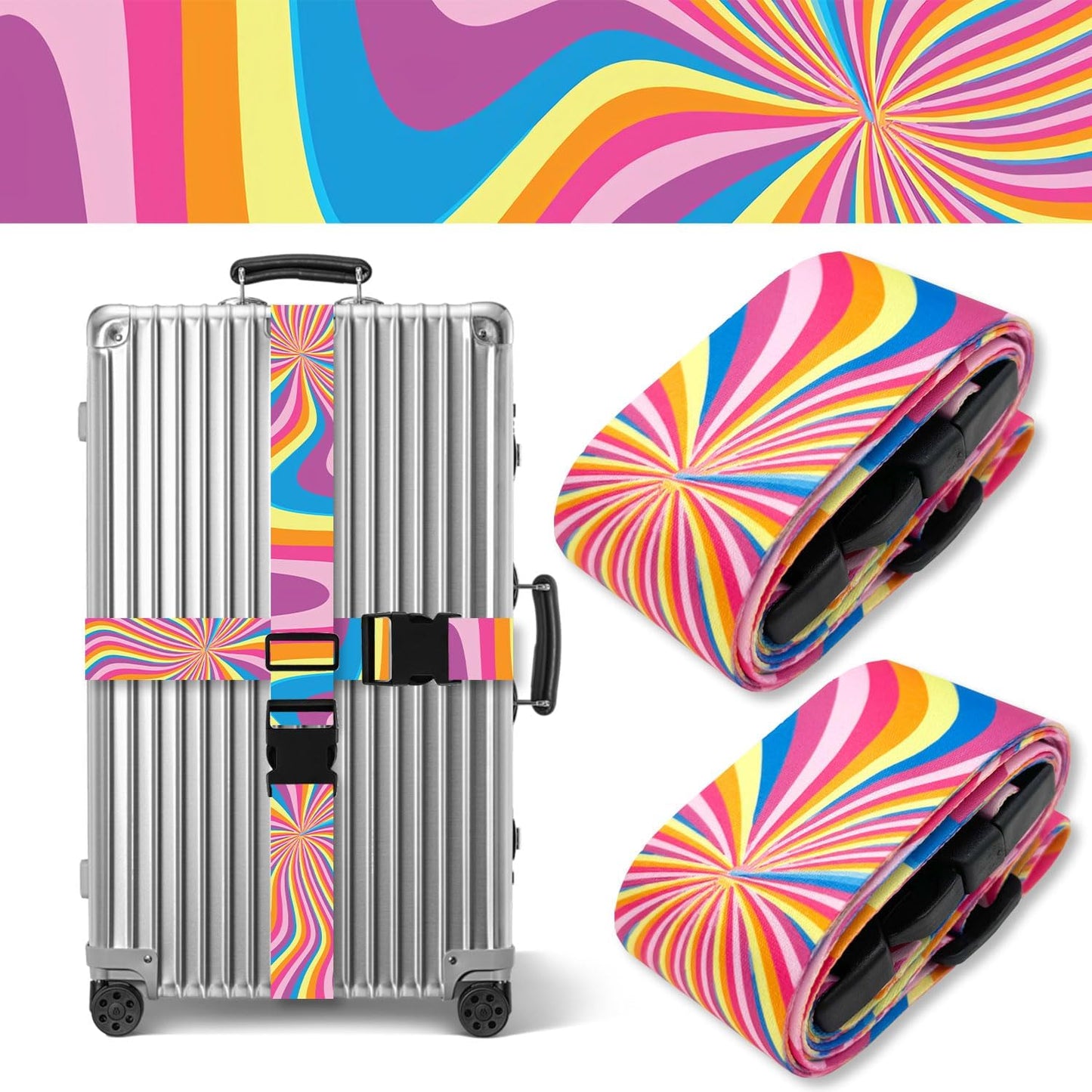 Luggage Straps for Suitcases TSA Approved, Luggage Identifiers for Suitcase, Adjustable Suitcase Strap for Baggage Security with Cute Patten, Travel Necessary Accessories 2Pack (Rendering)
