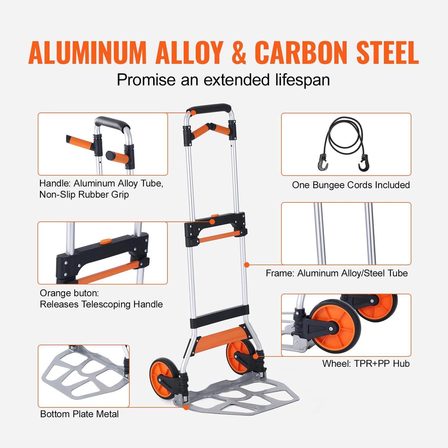 VEVOR Folding Hand Truck and Dolly, 309 Lbs Capacity, Aluminum Foldable Cart, Heavy-Duty Luggage