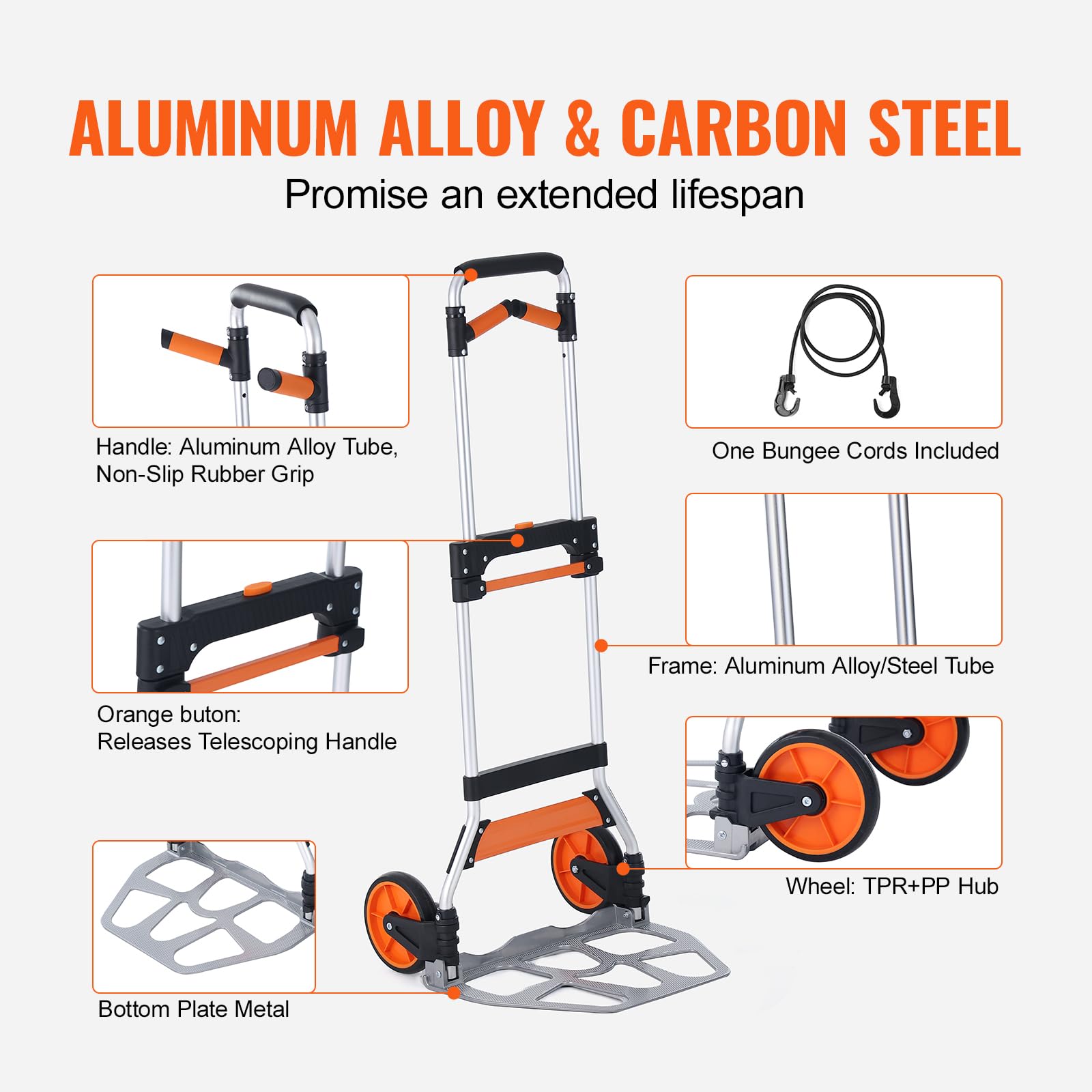 VEVOR Folding Hand Truck and Dolly, 309 Lbs Capacity, Aluminum Foldable Cart, Heavy-Duty Luggage