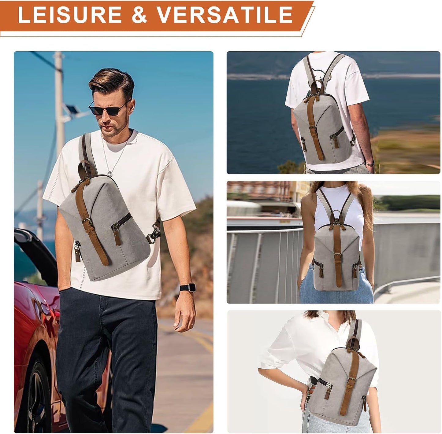 KouLi Buir Canvas Sling bag,Small Crossbody Backpack,Convertible Chest Bag Casual Daypack For Outdoor Cycling Hiking Travel (B2463-Leaden)