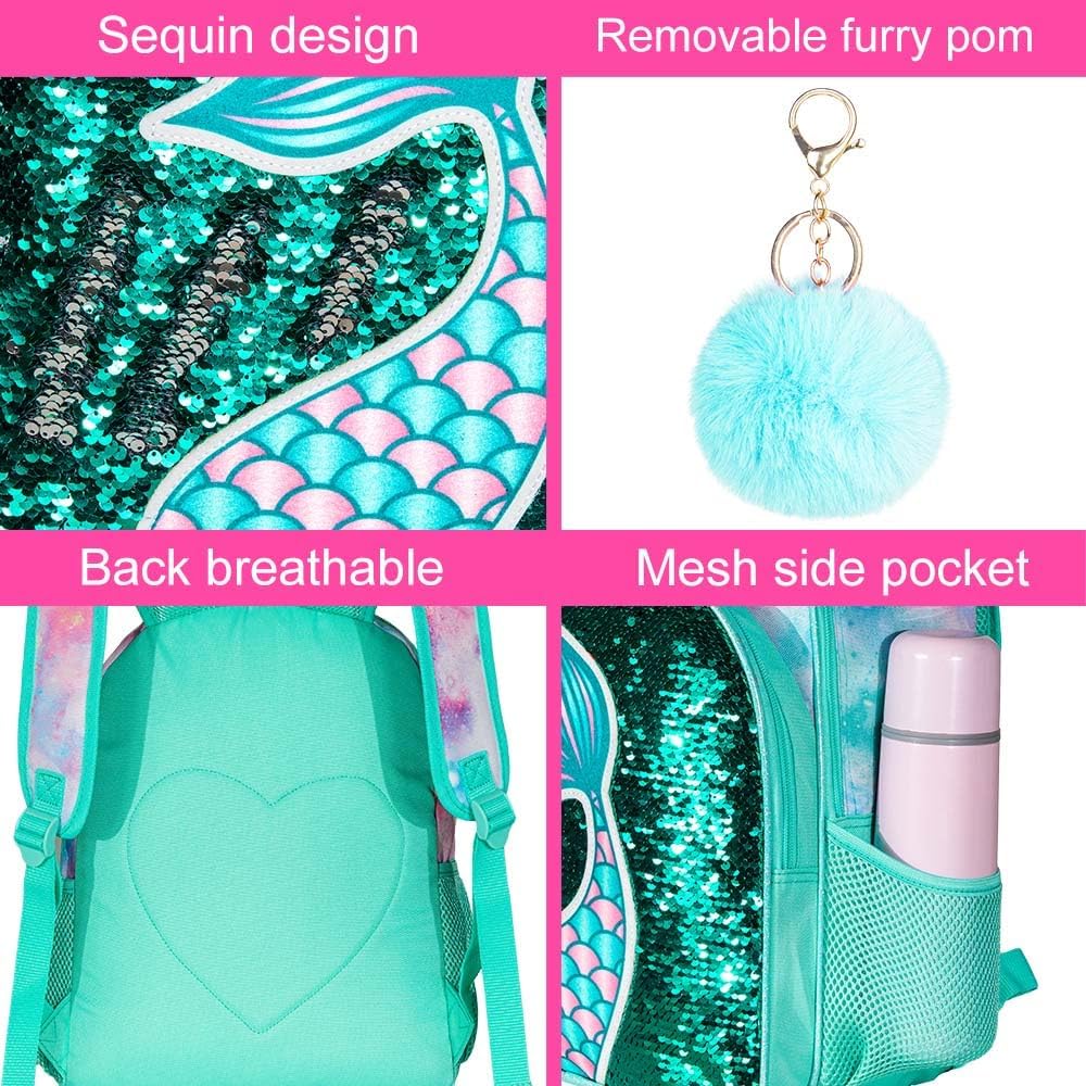 3PCS Kids Backpacks for Girls, 16" Little Kid Preschool School Bookbag and Lunch Box - Unicorn/Mermaid/Flamingo