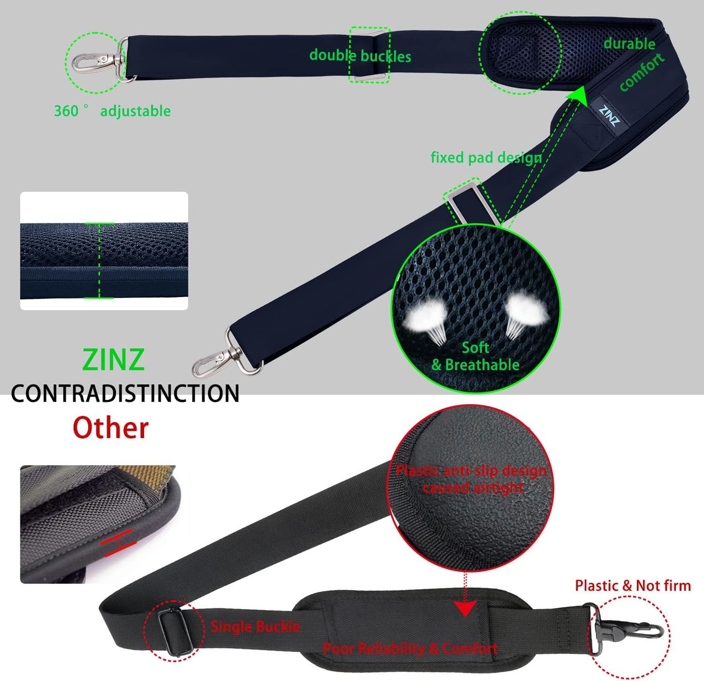 ZINZ 79 inch Shoulder Strap, Extra-thick Fixed Cushion Pad and Dual Clasps Universal Replacement Strap with Metal Swivel Hooks for Laptop Bags, Luggage Bags, Camera, Crossbody (200cm,Blue)