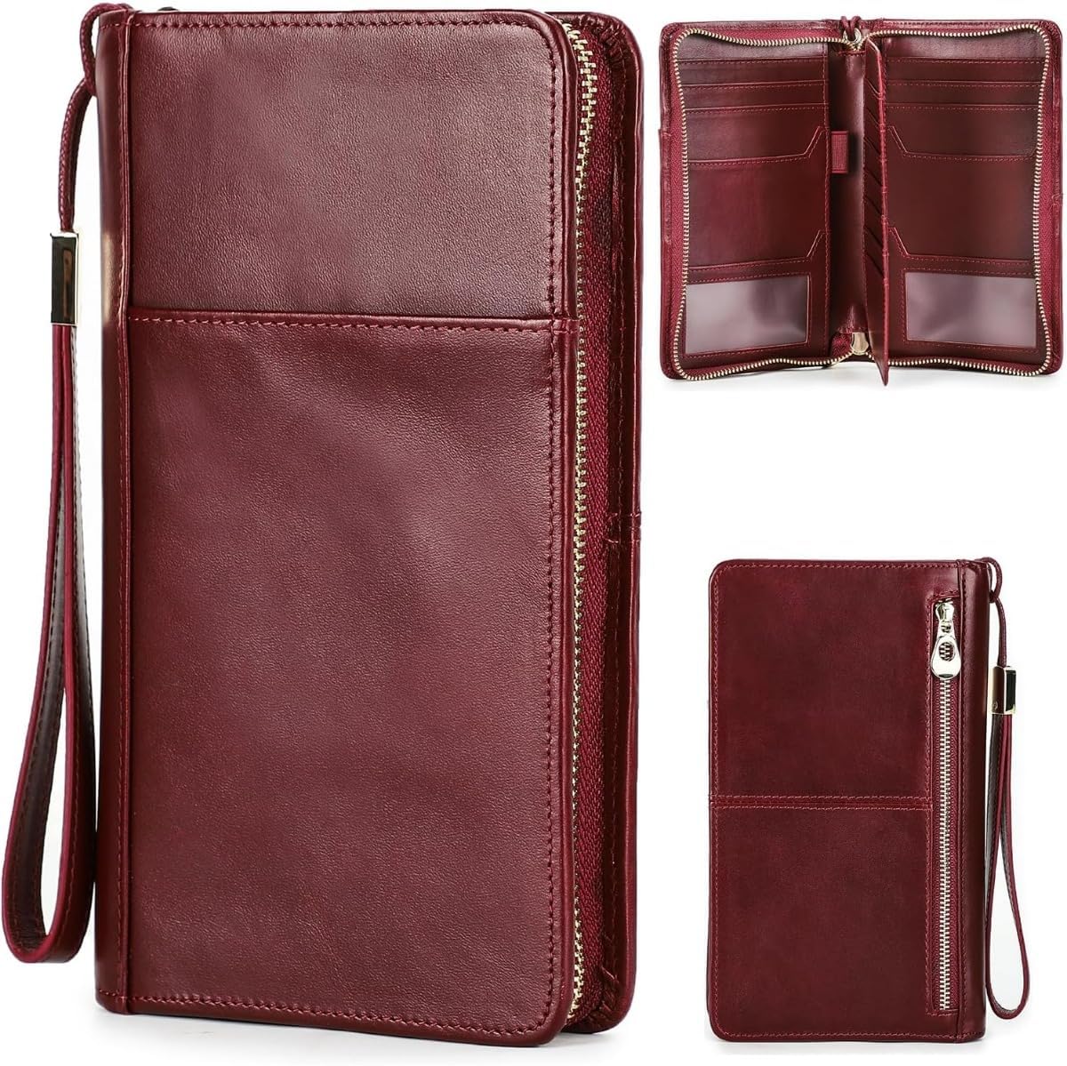 Unisex Genuine Leather Wallet Large Capacity RFID Blocking Passport Holder with Multiple Card Slots (Red)