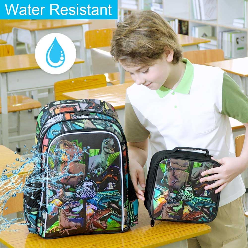 3PCS Dinosaur Backpack for Boys, 16 Inch Kids Water Resistant Preschool Elementary Kindergarten Bookbags and Lunch Box