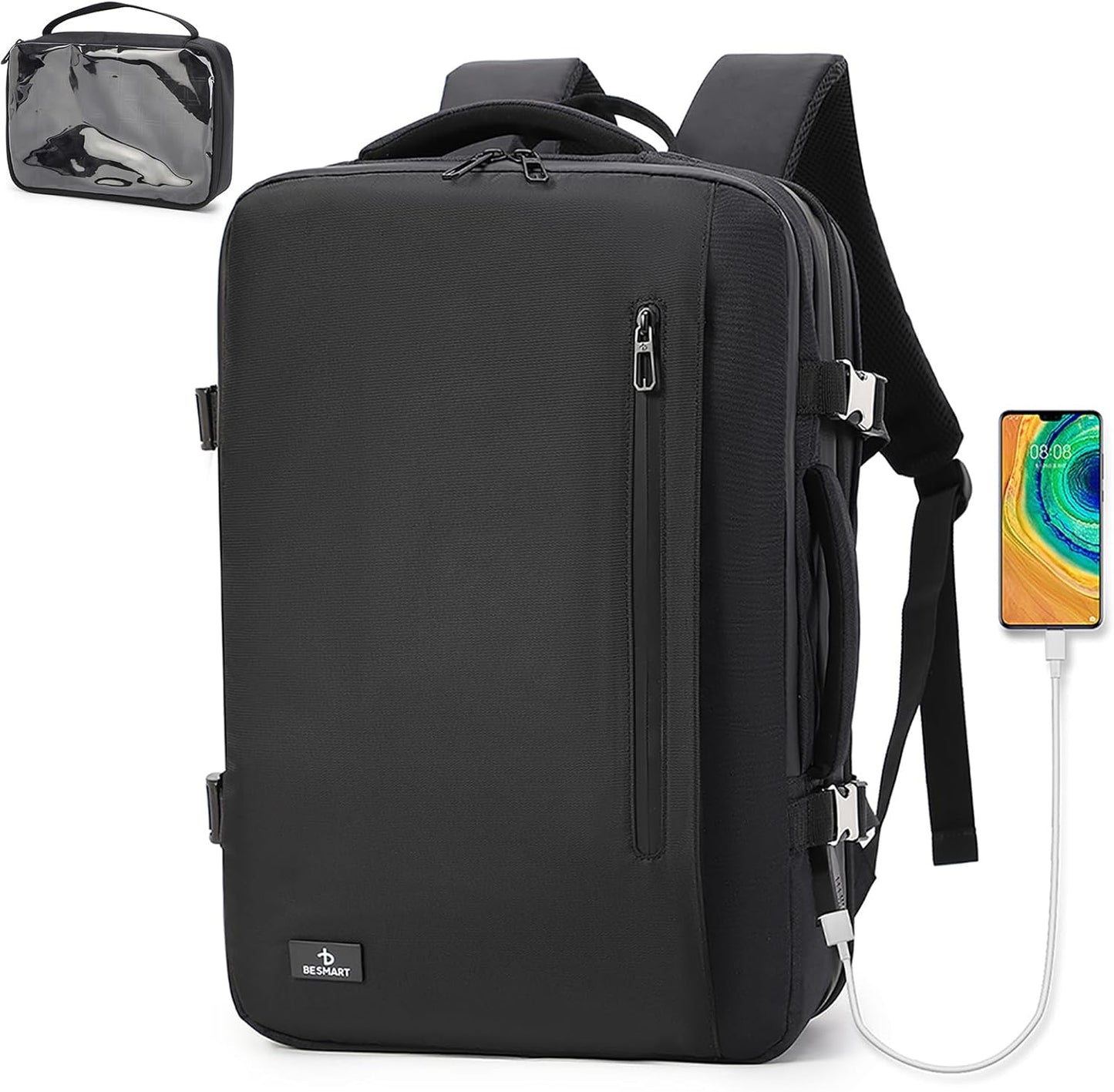 BESMART 50L Large Extendable Travel Backpack for Men Women, Flight Approved Carry on Backpacks fits 17”Laptop, TSA Waterproof Bags with USB Charger Port/Washbag Cube/Anti-Thief Bag/Luggage sleeve