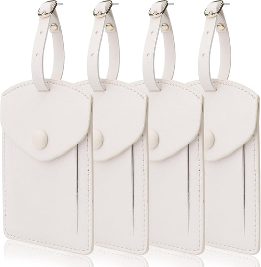Kevancho Leather Luggage Tags for Men Women, Suitcase Labels Baggage Bag Tag ID Tags with Full Back Privacy Cover for Cruise Ships, Travel Accessories Tags Set of 4 PCS (White)
