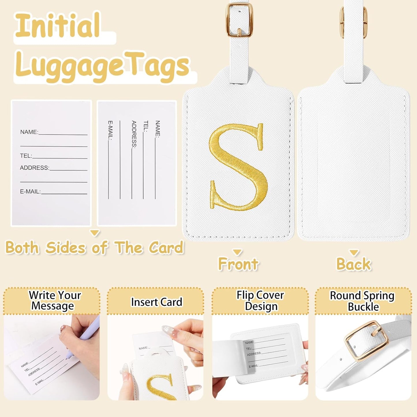 Personalized Initial Luggage Tags for Suitcases, Cute PU Leather Embroidered Letter Travel Luggage Tags, Suitcase Identifier Name Baggage Tag, Bag Tags for Men Women Kids Luggage Handbags(White S)