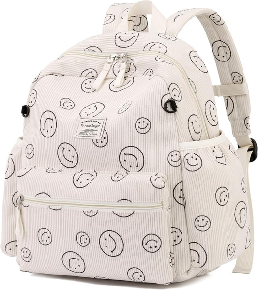 Corduroy Kids Backpack for Boys Girls 2-5 Toddler Backpacks for Primary Elementary Kindergarten (Smile Beige, Small (13.7" H Fit A4 Folder))