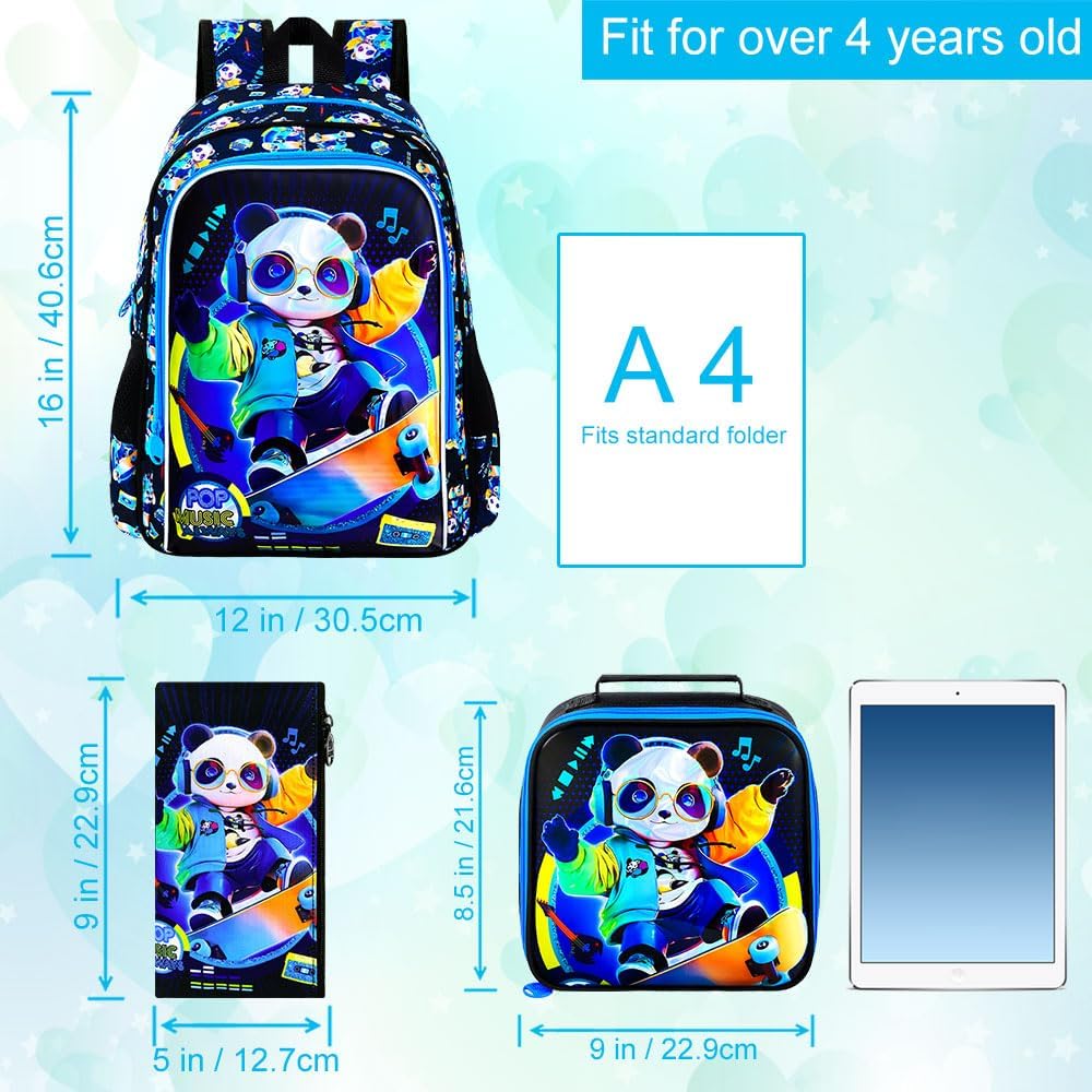 gxtvo 3PCS Panda Backpack for Boys, 16" Kids Bookbag with Lunch Box, Water Resistant Elementary Preschool Toddler School Bag