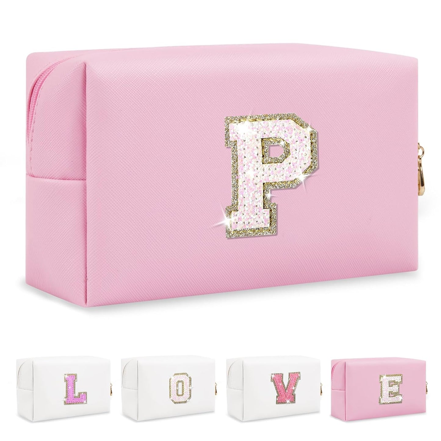Small Personalized Initial A-Z Patch Makeup Bag,Pink Cute PU Leather Glitter Letter Cosmetic Bag for Teen Girls,Travel Toiletry Bag with Zipper,Preppy Monogrammed Birthday Gift for Daughter Niece P