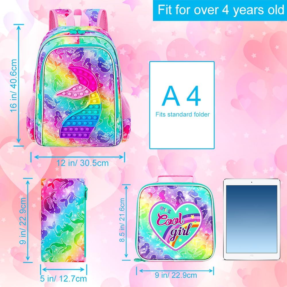 CCJPX 3PCS Mermaid Backpack for Girls, 16”Kids Water Resistant Elementary Preschool Kindergarten School Bookbag with Lunch Box - Pink
