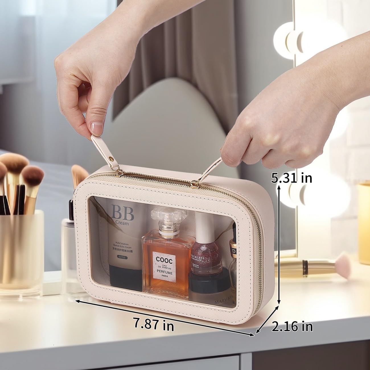 Clear Makeup Bag Small Cosmetic & Toiletry Bag Waterproof Travel Case Women's Pouch Organizer Makeup Bag for Car with Zipper Women (Beige, Small-1)