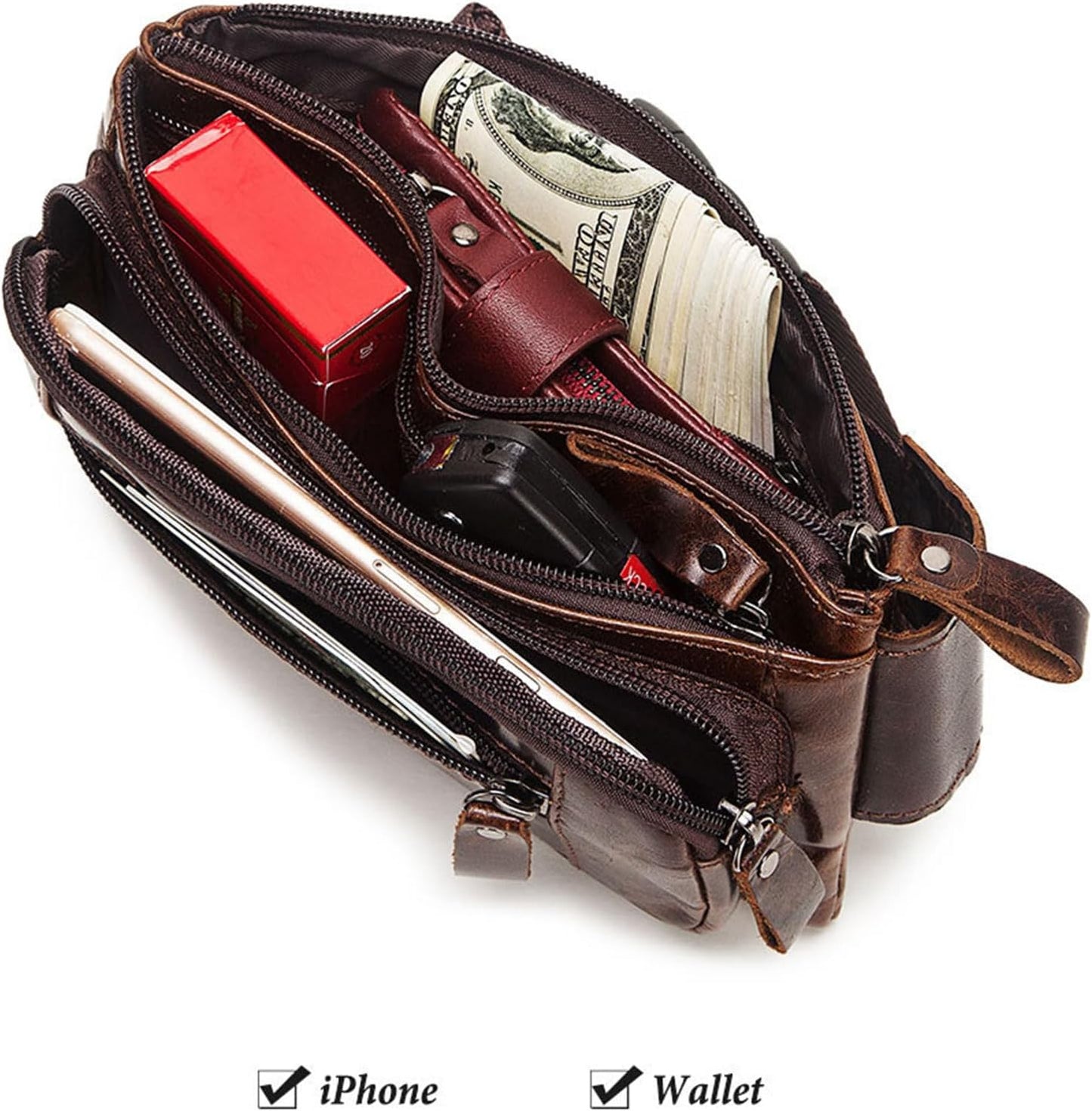 Mens Genuine Leather Waist Pack Fanny Pack Multi Pocket Crossbody Bag Adjustable Strap for Travel Outdoor (Coffee)