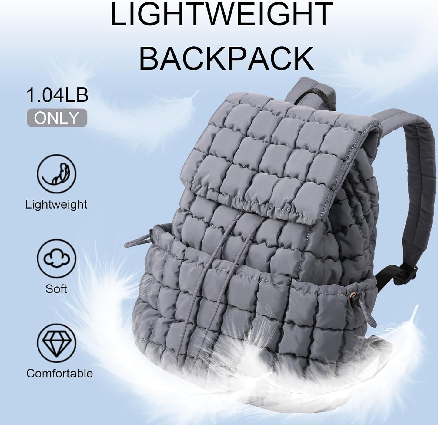 XSUIOY Quilted Backpack Purse for Women Small Lightweight Puffer Puffy College Laptop Backpack Nylon Casual Bookbag Daypack Top Flap Drawstring Padding Hiker Travel Gym Backpack(Grey)