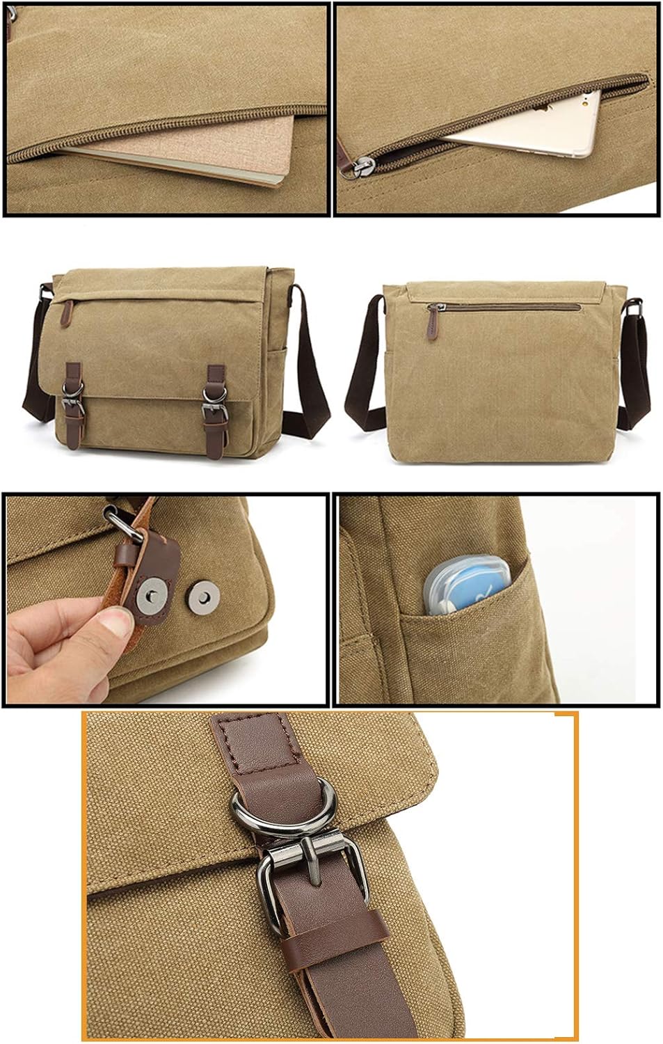 Sechunk Canvas Vintage Messenger Bag Shoulder bag Leather Large Travel Crossbody bags for men women