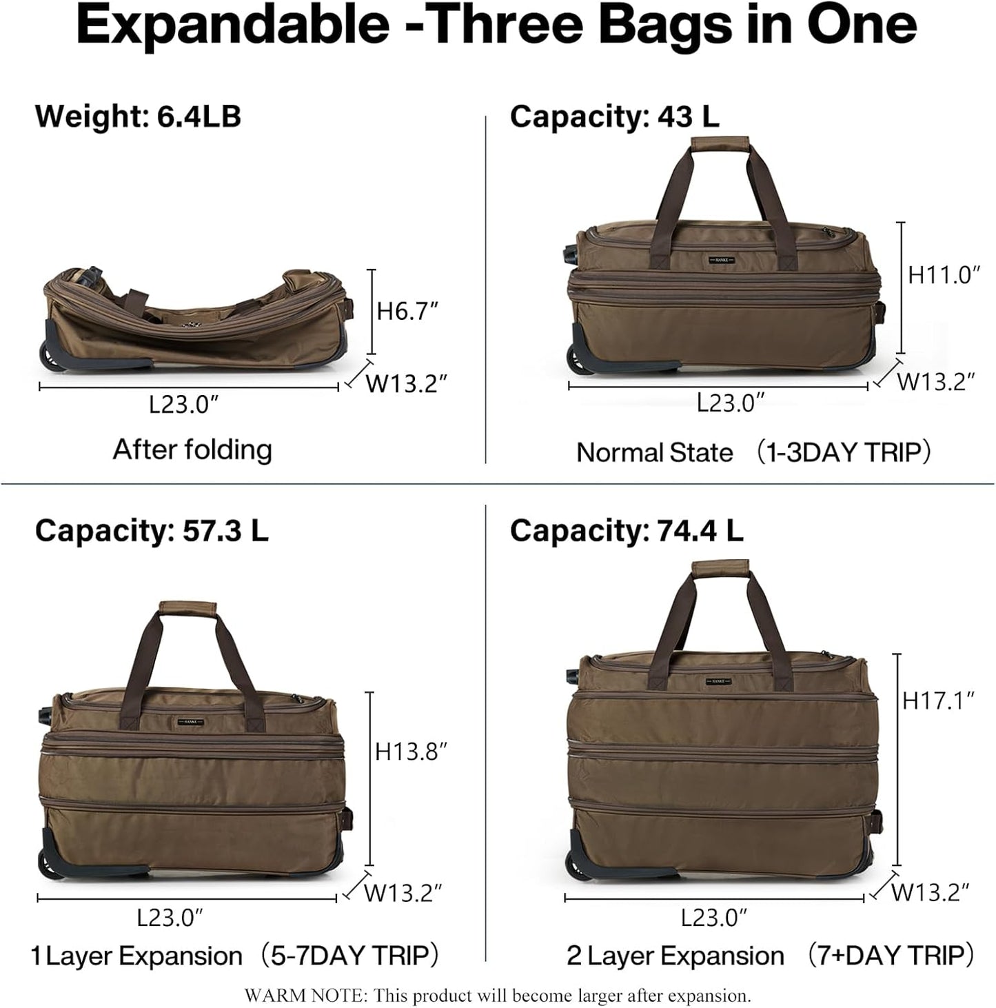 Hanke Expandable Carry On Luggage Suitcases with Wheels Foldable Duffle Bag for Travel Carry On