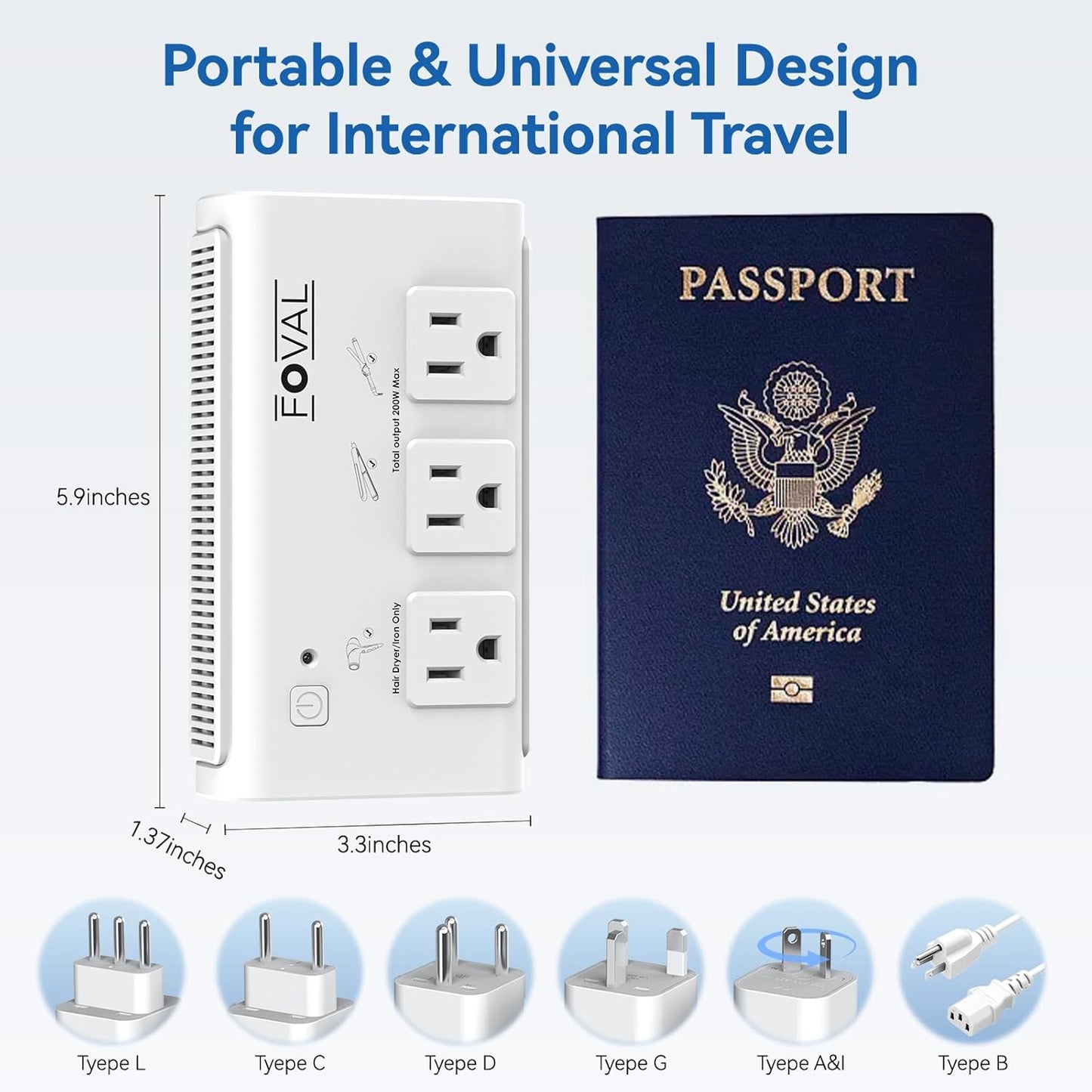 220V to 110V Travel Voltage Converter, FOVAL 2000W International Power Converter for Hair Dryer, Straightener/Curling Iron with 4-Port USB (1 USB C), Step Down Transformer for US/EU/UK/AU/Italy/India