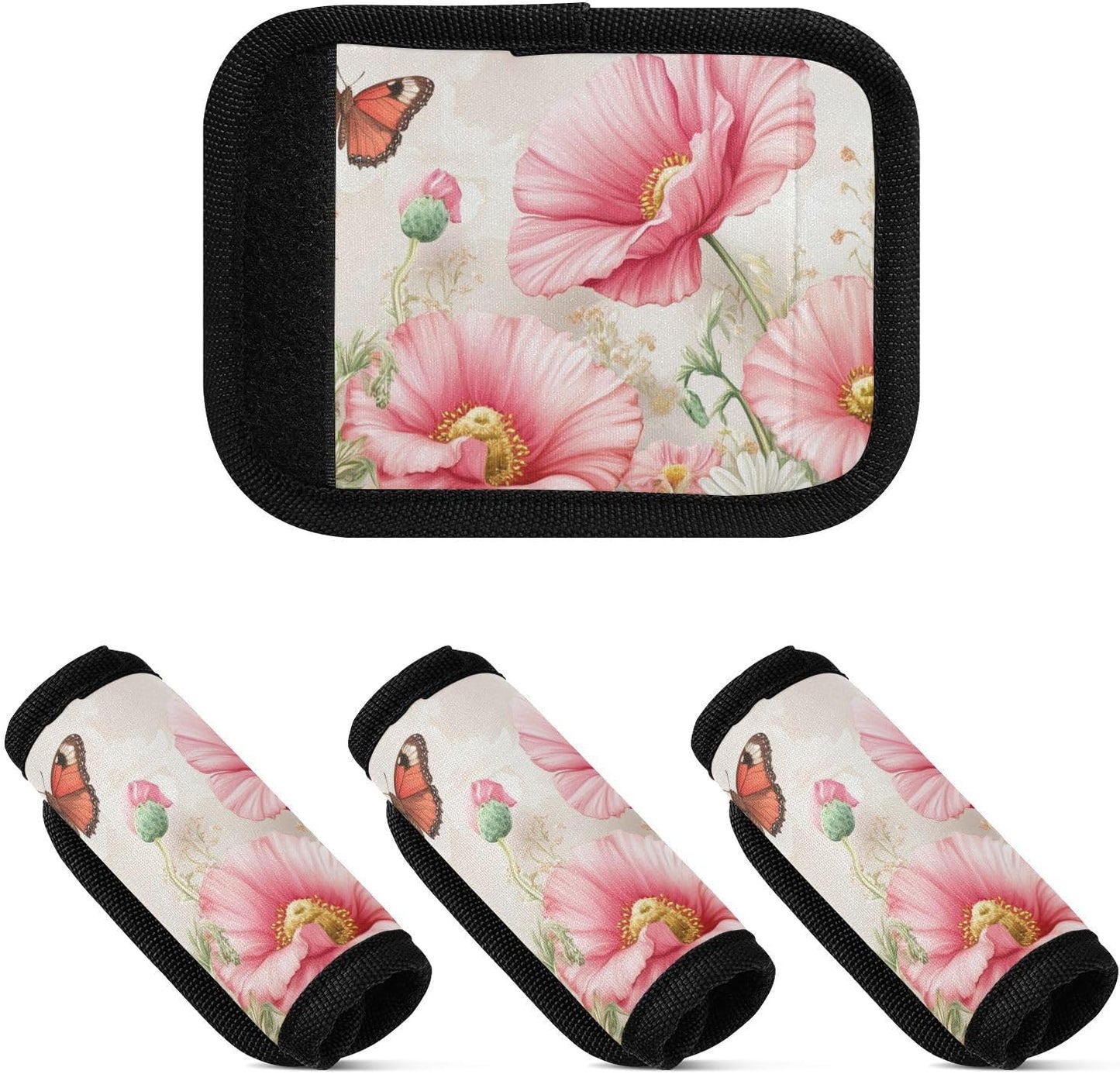 White Poppies and Butterflies 4 Pack Luggage Handle Wraps Covers for Suitcase Identifiers Bag Tags Travel Accessories