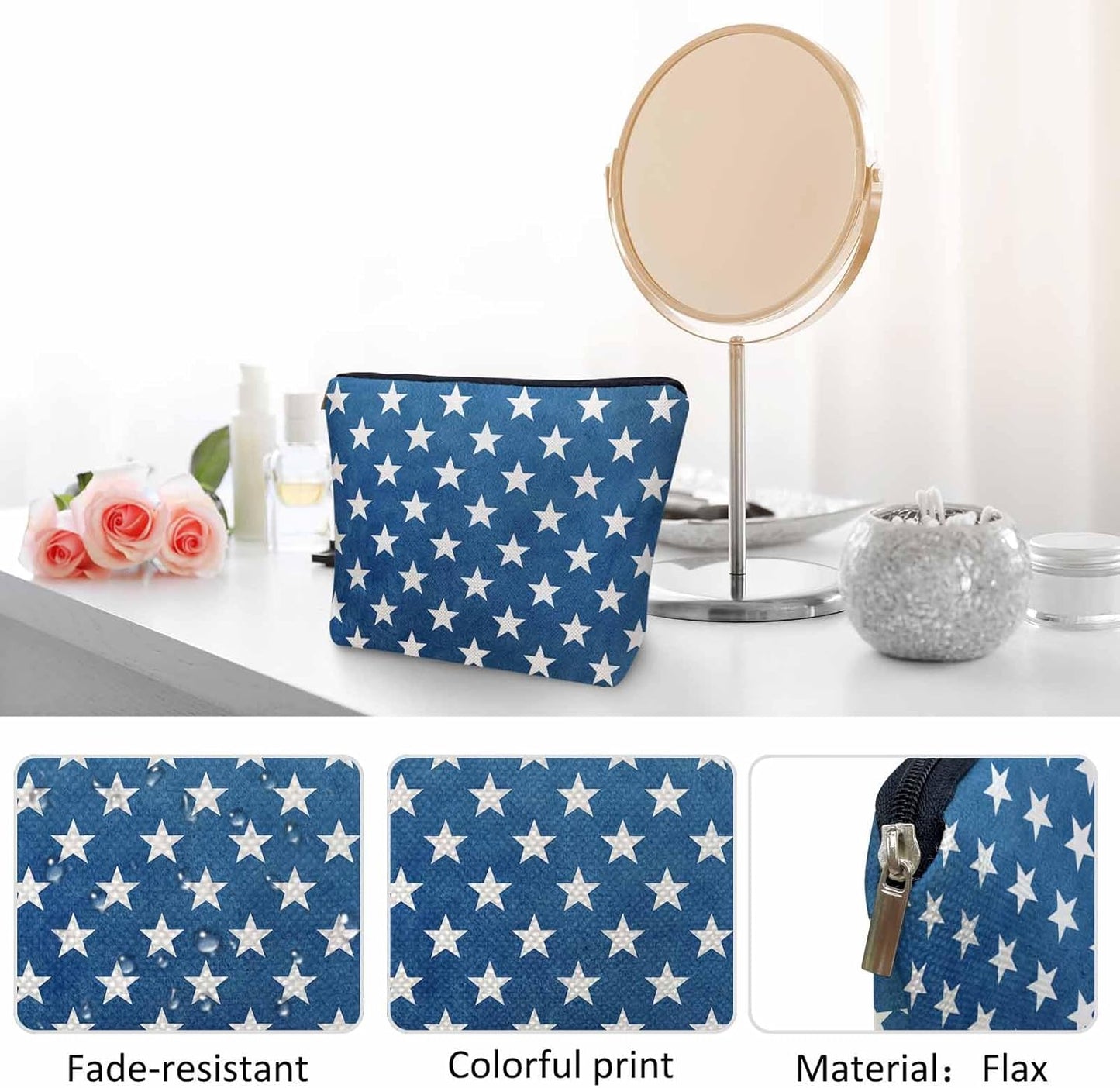 Makeup Bag USA Flag Stars Makeup Bags For Purse Pouch, Vintage American Flag Stars Navy Blue Travel Toiletry Bag Cosmetic Bag Makeup Bags Flax Makeup Organizer Bag Pencil Pouch For Man Woman