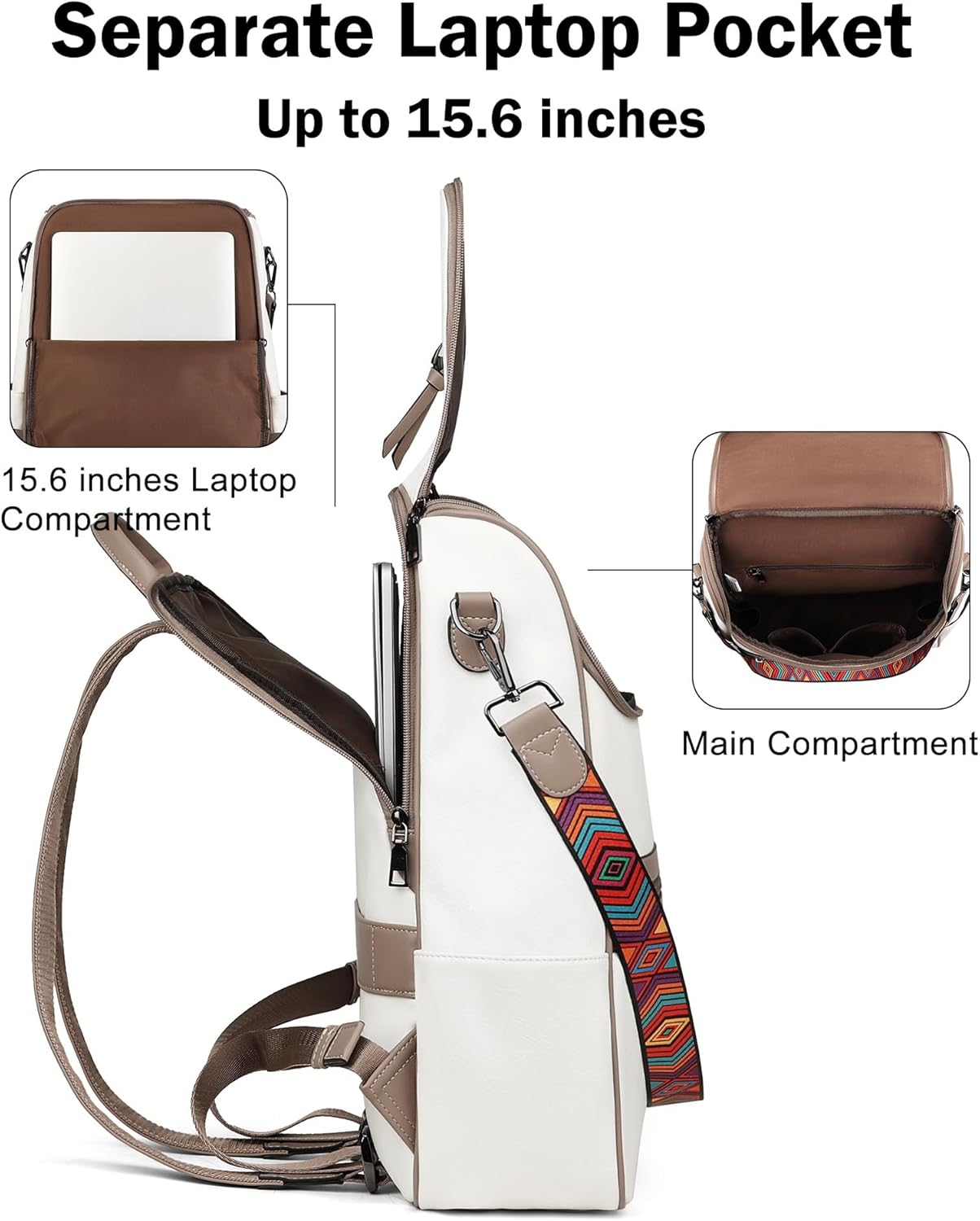FADEON Laptop Backpack for Women Leather Travel Backpack with Laptop Compartment, Designer PU Shoulder Laptop Bag White