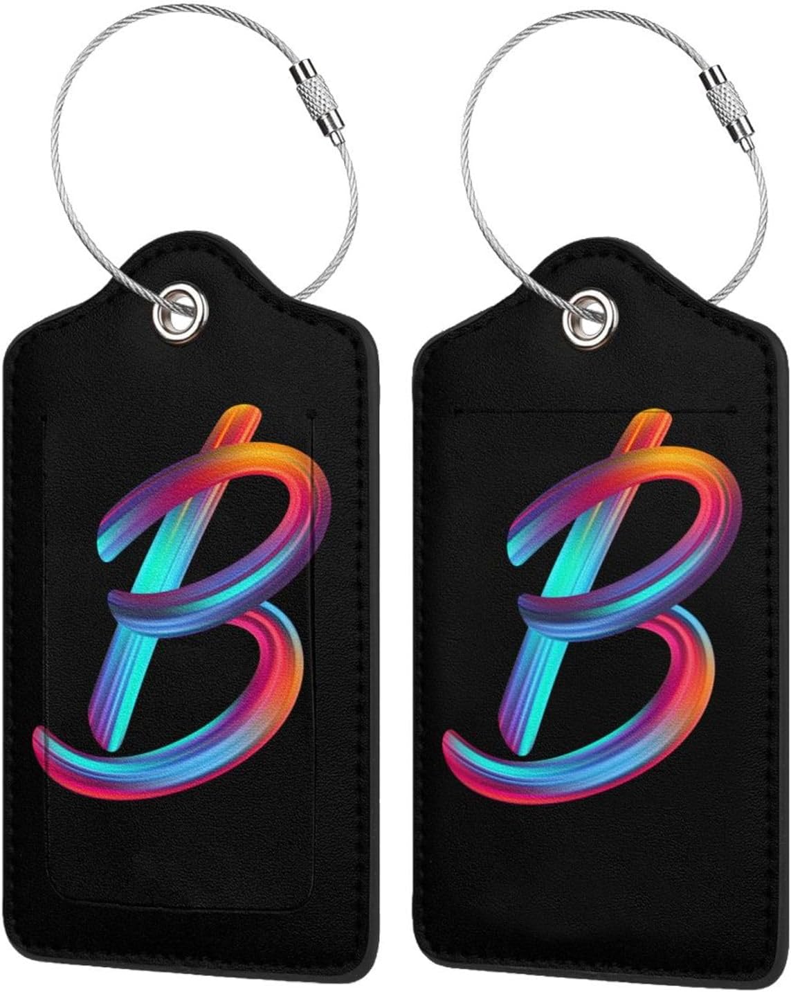 2 Pack Initial Luggage Tags for Suitcase, Colorful Letter Design Cruise Name Bag Tags, Novelty Baggage Identifiers with Full Privacy Cover, Leather ID Label for Women Men Kids Travel, Rainbow Letter B